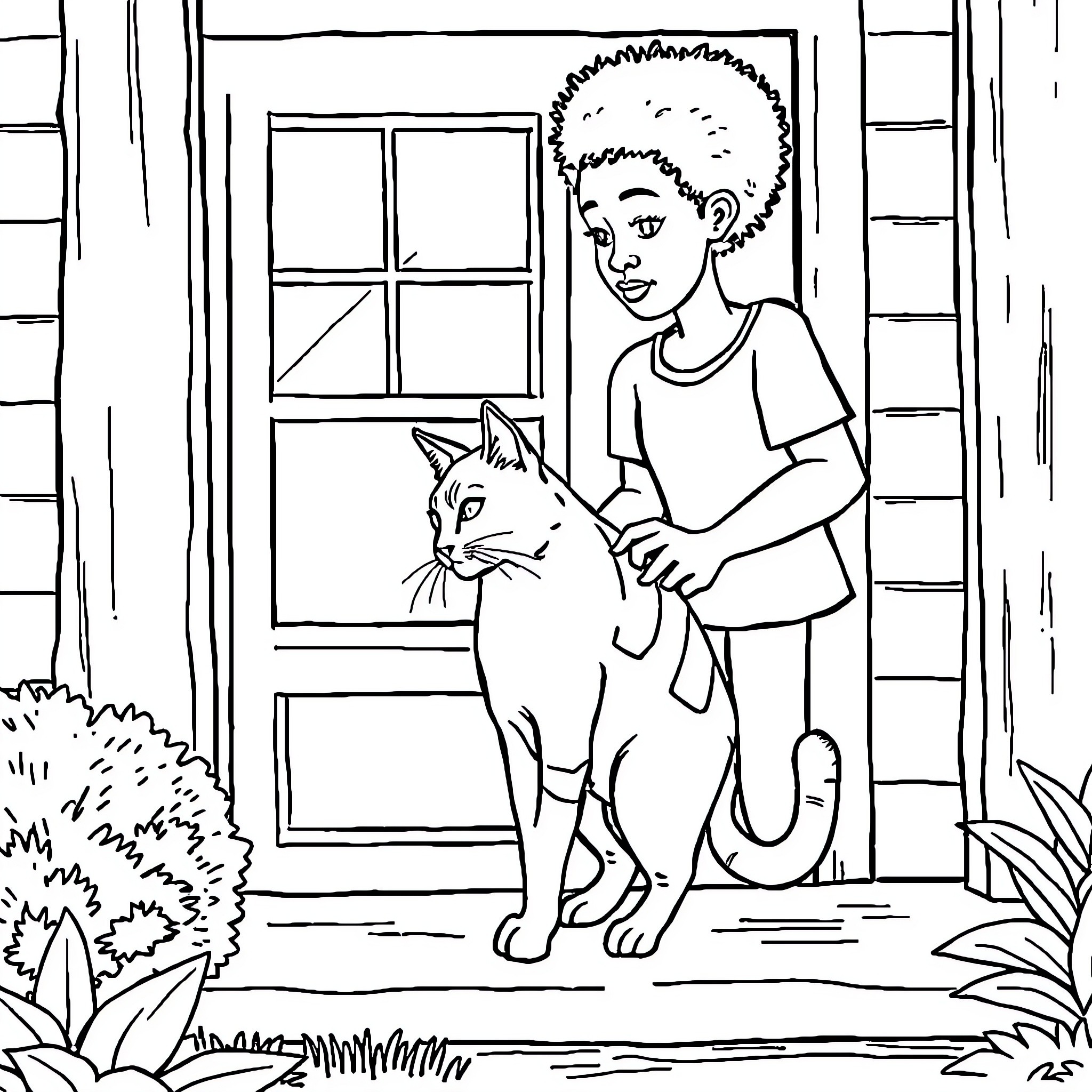 African-American child petting a cat on the porch Coloring Page (free black-and-white line drawing printable PDF for all, from beginners to advanced learners, including children, teens, adults, and seniors)