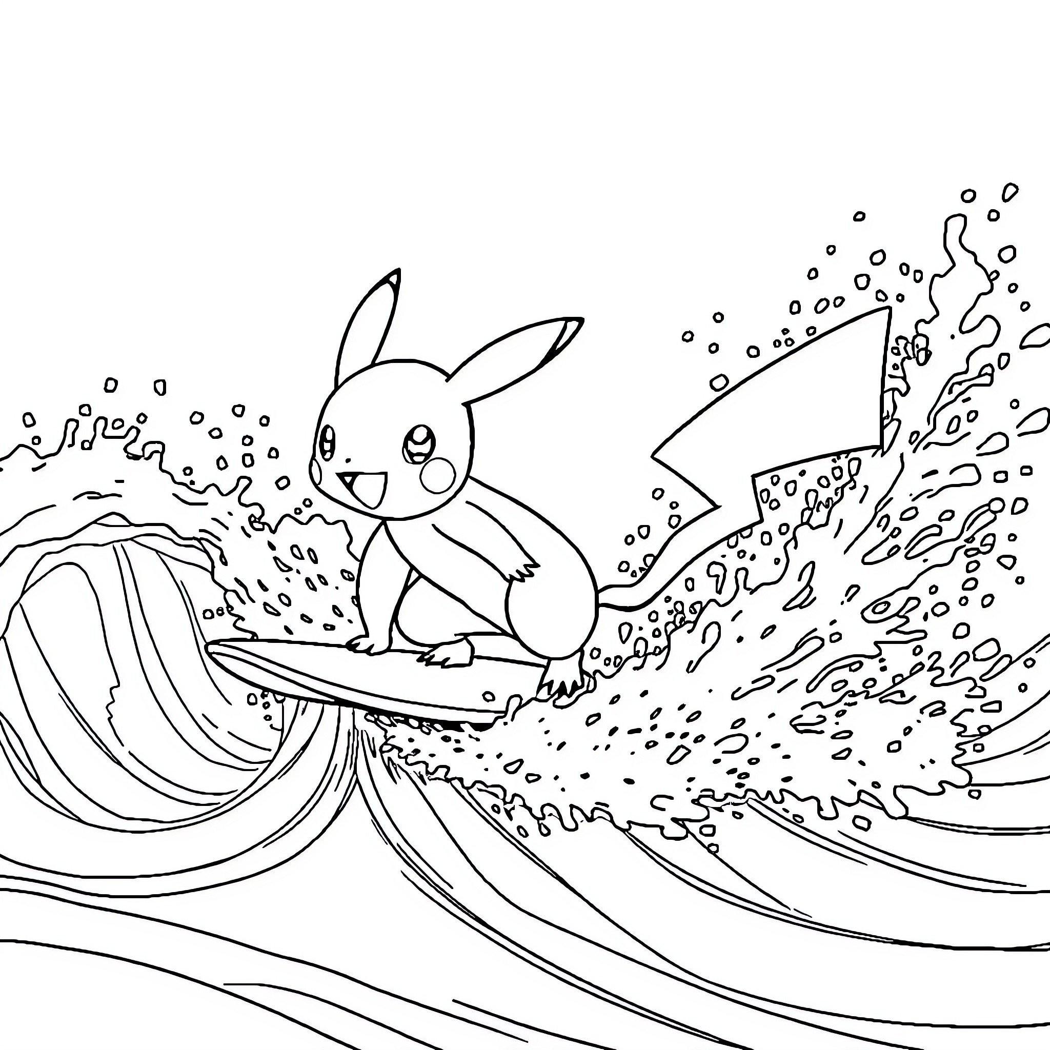 Pokémon Rabbit Surfing on Waves Coloring Page (free black-and-white line drawing printable PDF for all, from beginners to advanced learners, including children, teens, adults, and seniors)