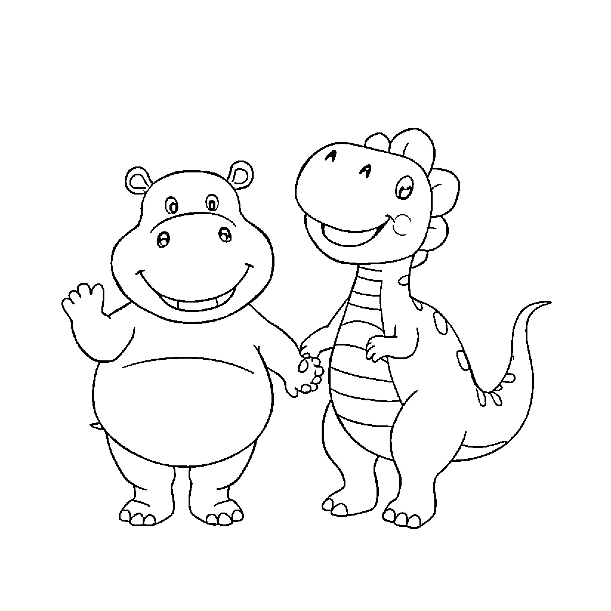 Hippo and dinosaur friends waving happily Coloring Page (free black-and-white line drawing printable PDF for all, from beginners to advanced learners, including children, teens, adults, and seniors)