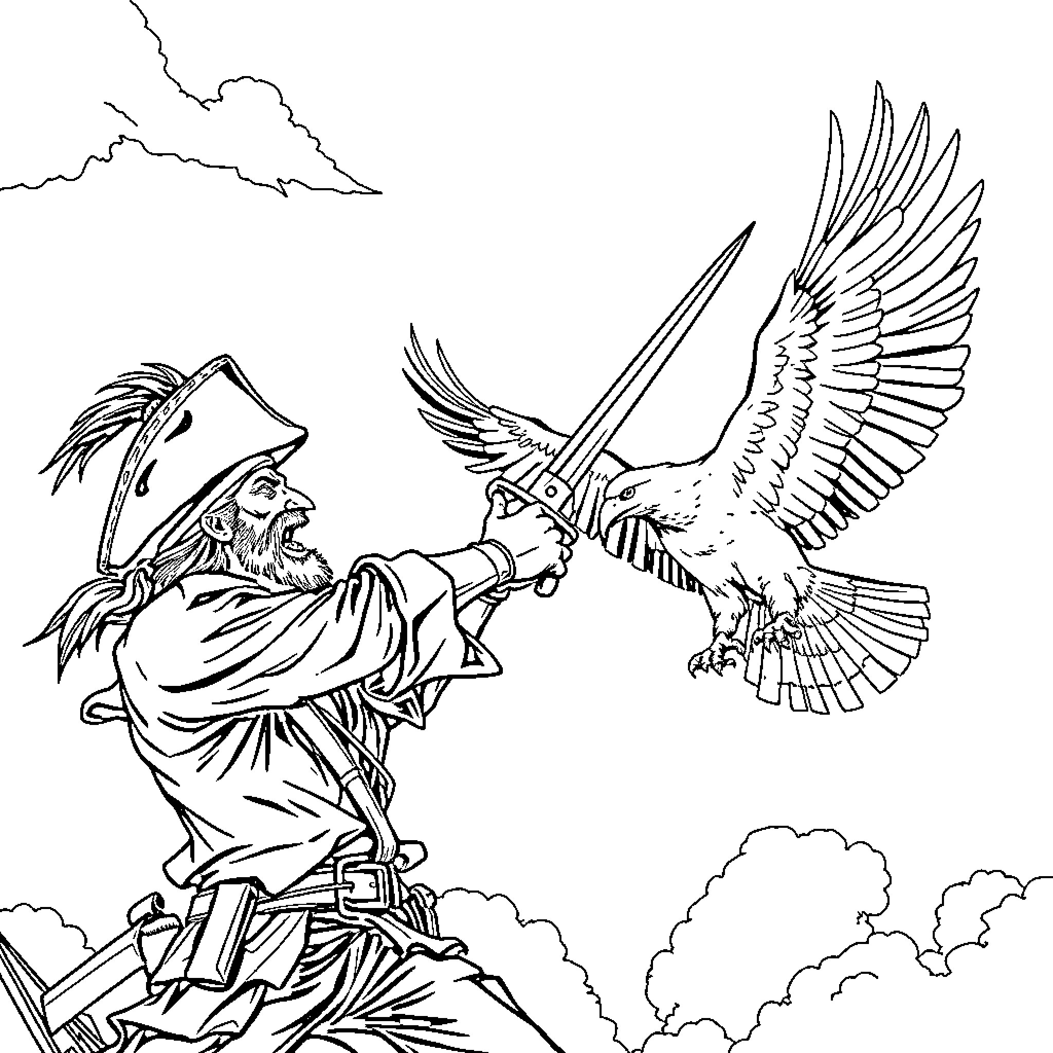 Buccaneer's Winged Companion in the Stormy Skies Coloring Page (free black-and-white line drawing printable PDF for all, from beginners to advanced learners, including children, teens, adults, and seniors)