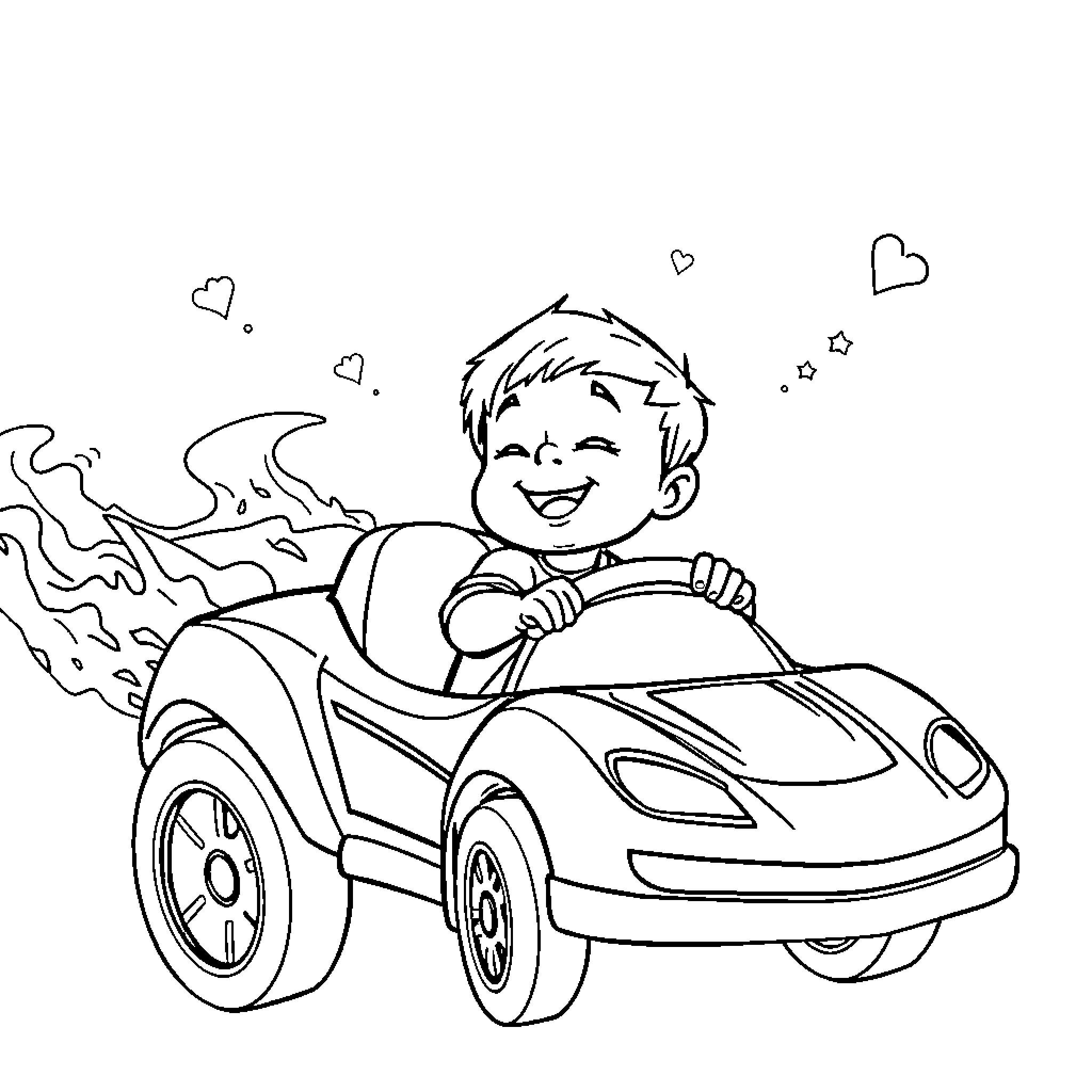Hot Wheels boy driving a fast sports car Coloring Page (free black-and-white line drawing printable PDF for all, from beginners to advanced learners, including children, teens, adults, and seniors)