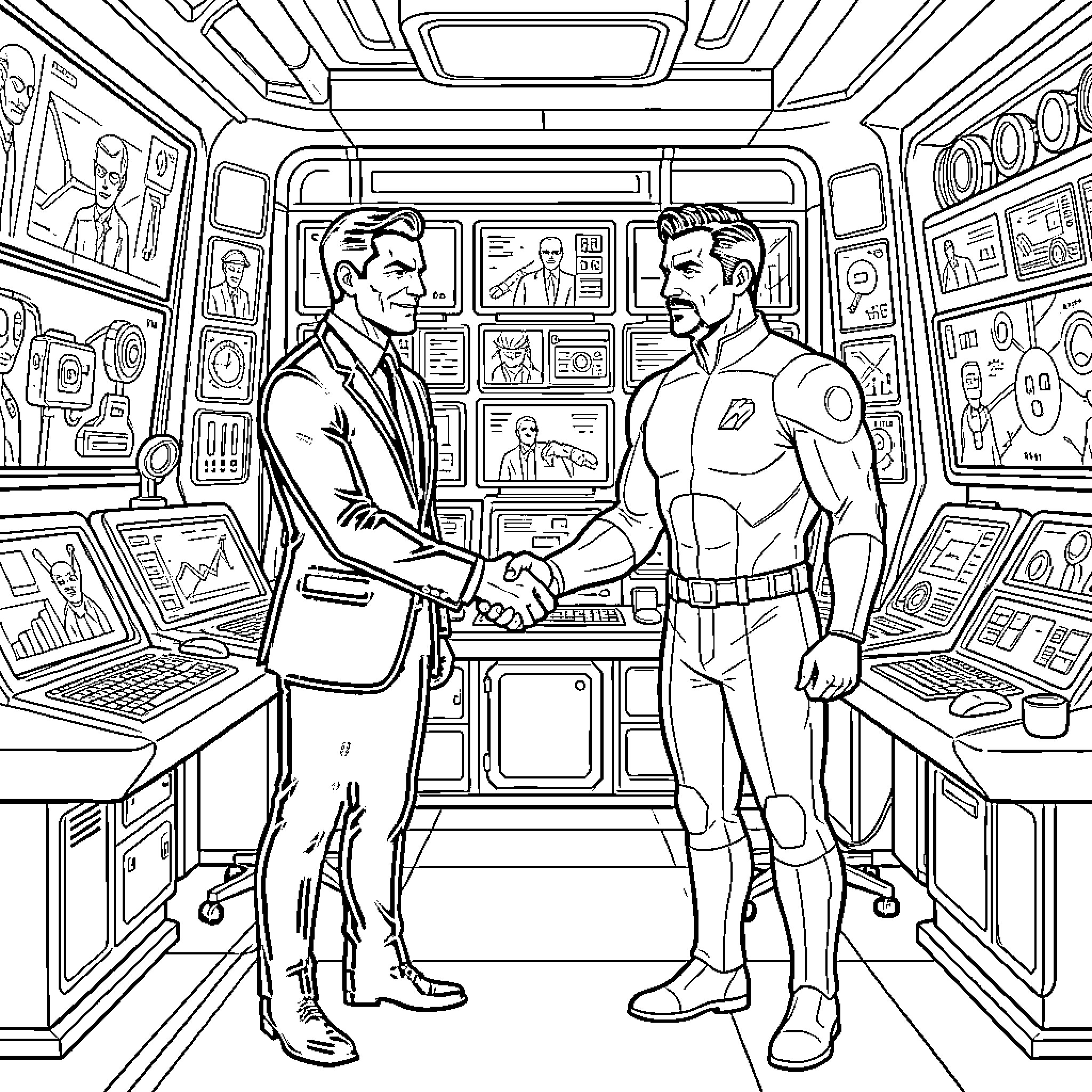 Bruce Wayne meets superhero in advanced technology room Coloring Page (free black-and-white line drawing printable PDF for all, from beginners to advanced learners, including children, teens, adults, and seniors)