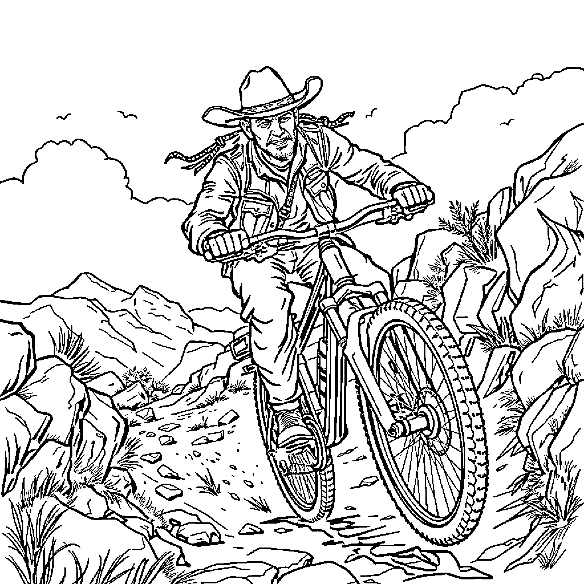 Cowboy riding dirt bike on rugged terrain Coloring Page (free black-and-white line drawing printable PDF for all, from beginners to advanced learners, including children, teens, adults, and seniors)