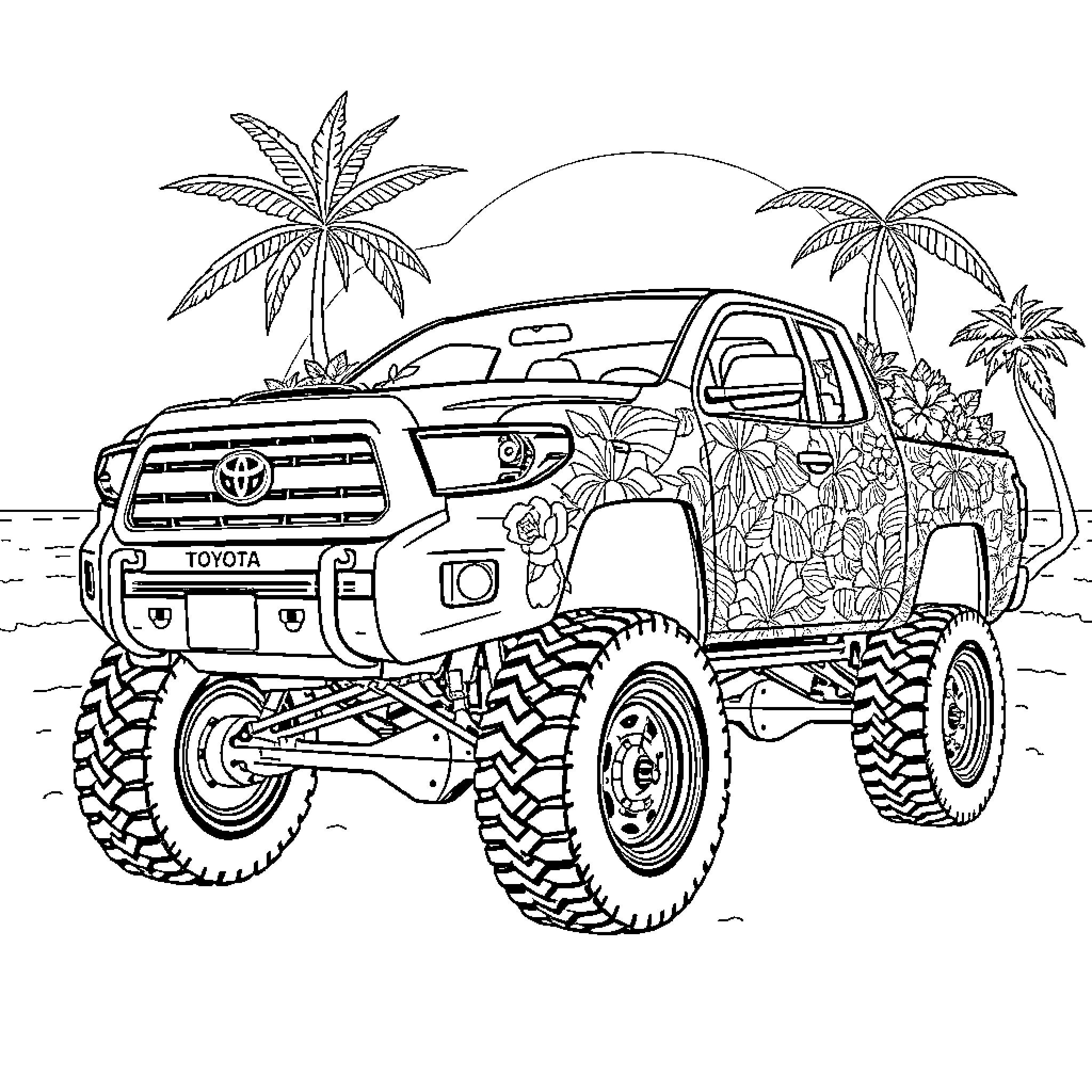 Toyota Customized Truck on Beach Landscape Coloring Page (free black-and-white line drawing printable PDF for all, from beginners to advanced learners, including children, teens, adults, and seniors)