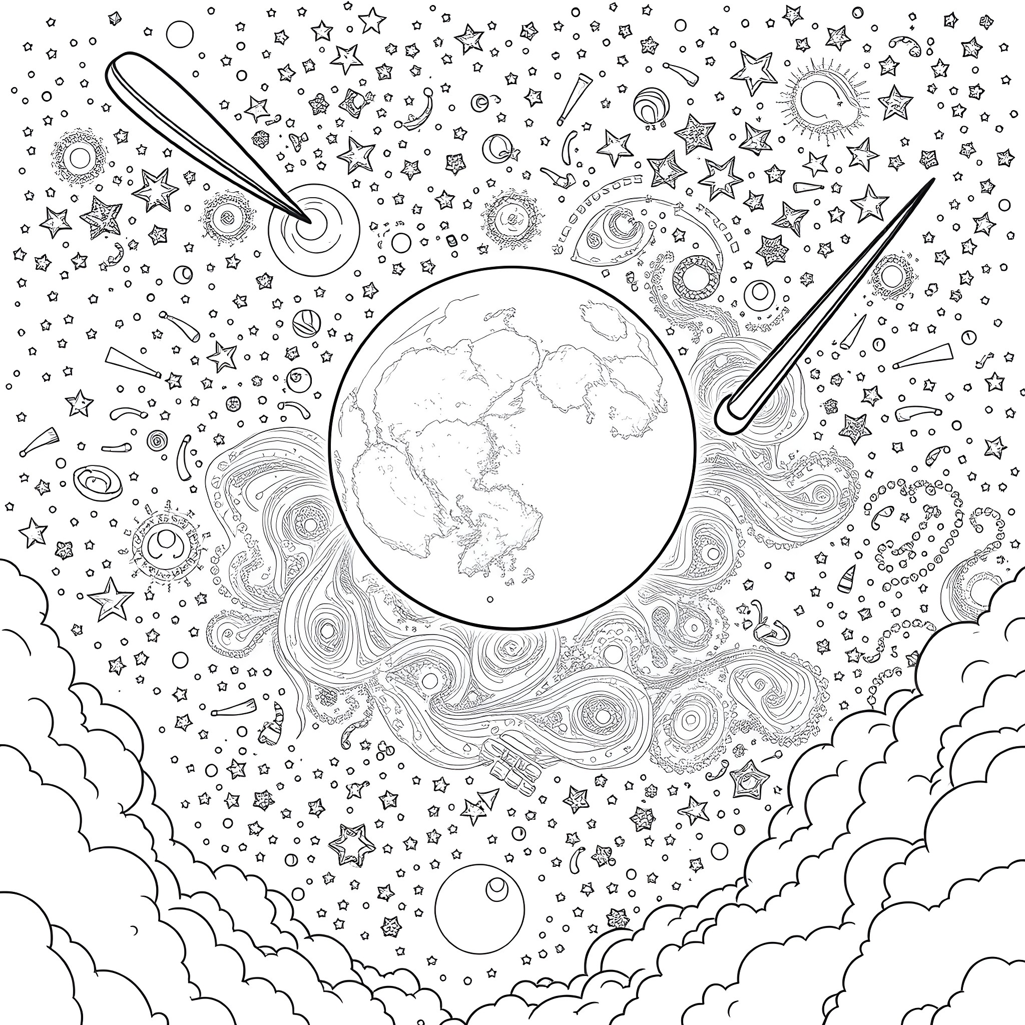 Moon Shining Over Cosmic Landscape Coloring Page (free black-and-white line drawing printable PDF for all, from beginners to advanced learners, including children, teens, adults, and seniors)