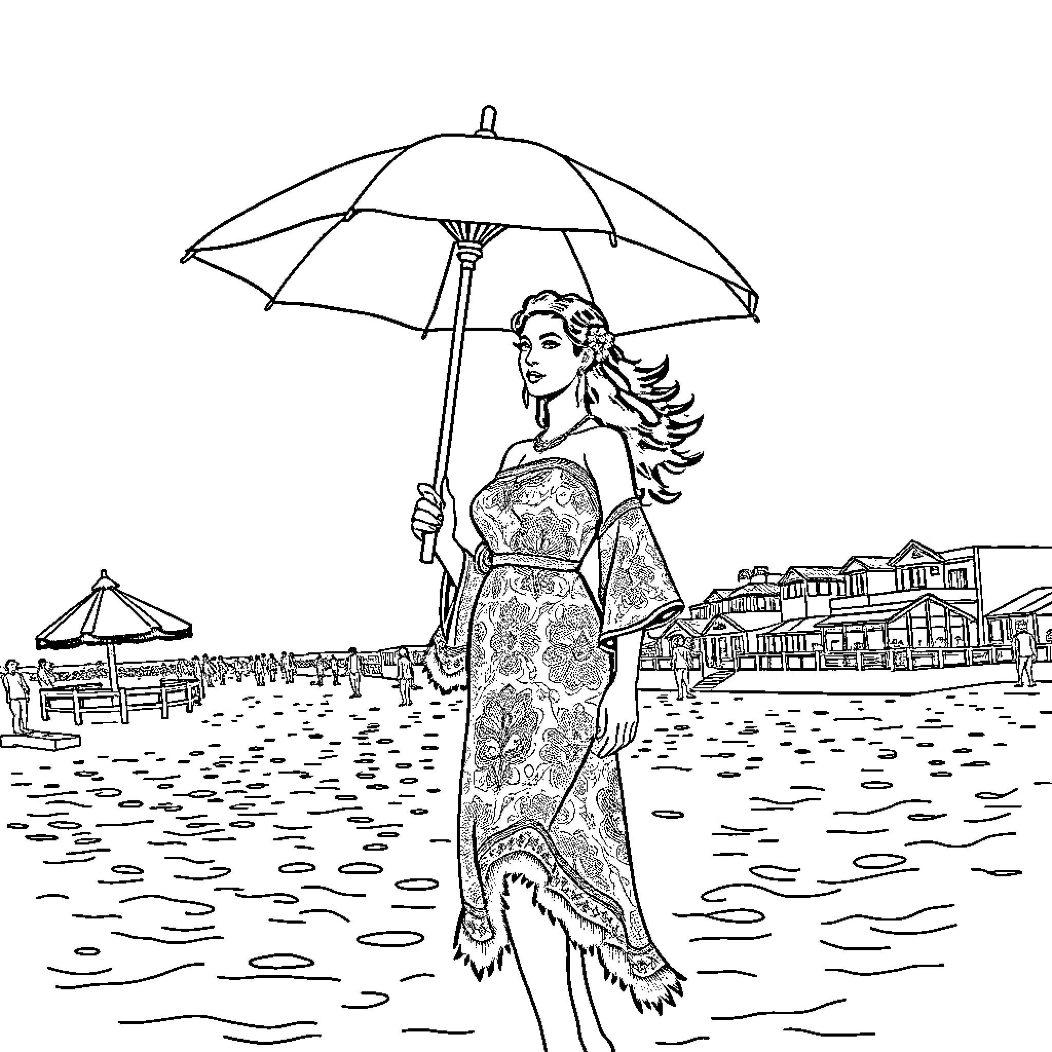 Latina woman enjoying summer at the beach Coloring Page (free black-and-white line drawing printable PDF for all, from beginners to advanced learners, including children, teens, adults, and seniors)