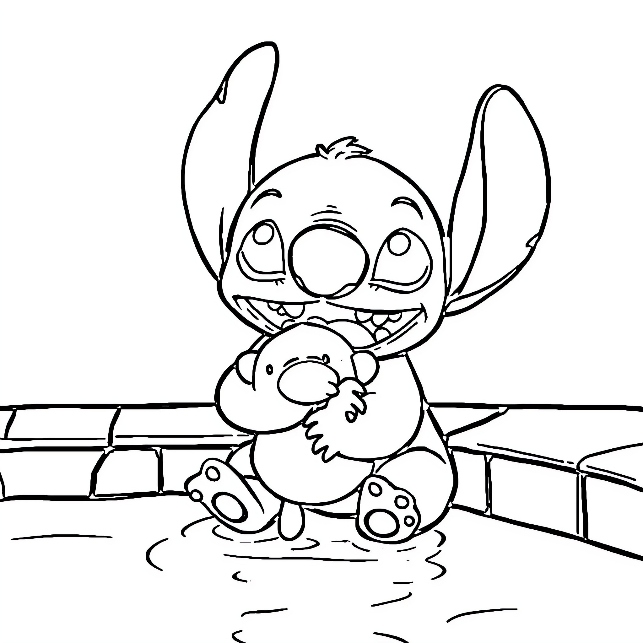 Stitch hugging a plush toy in a playful scene Coloring Page (free black-and-white line drawing printable PDF for all, from beginners to advanced learners, including children, teens, adults, and seniors)