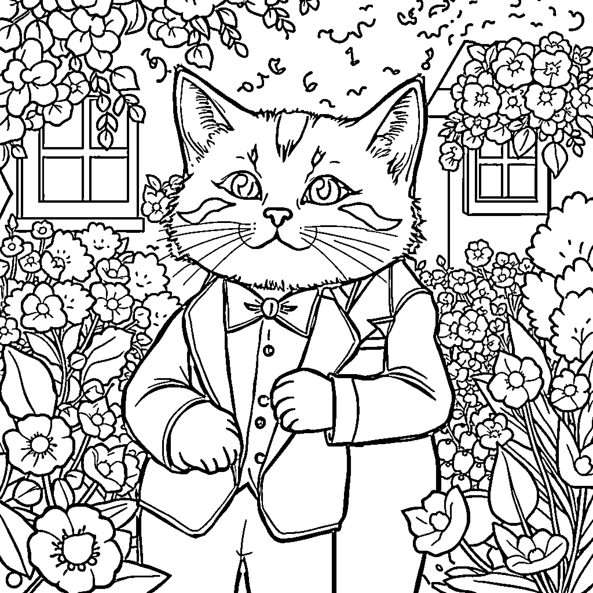 Cat Dressed in Formal Attire Amid Flowery Surroundings Coloring Page (free black-and-white line drawing printable PDF for all, from beginners to advanced learners, including children, teens, adults, and seniors)