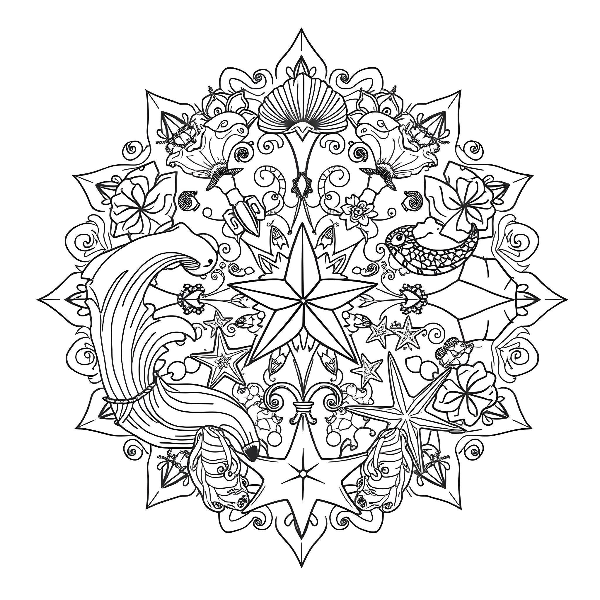 Mandala with Intricate Floral and Animal Designs Coloring Page (free black-and-white line drawing printable PDF for all, from beginners to advanced learners, including children, teens, adults, and seniors)