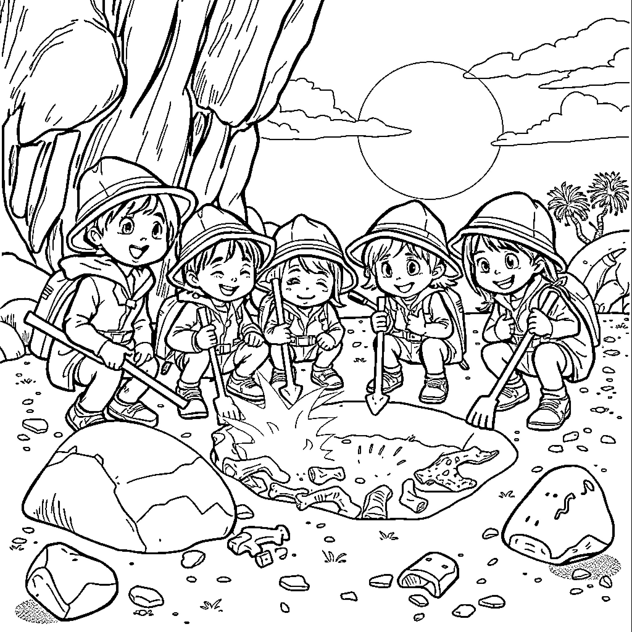 Archaeologist children exploring ancient ruins Coloring Page (free black-and-white line drawing printable PDF for all, from beginners to advanced learners, including children, teens, adults, and seniors)