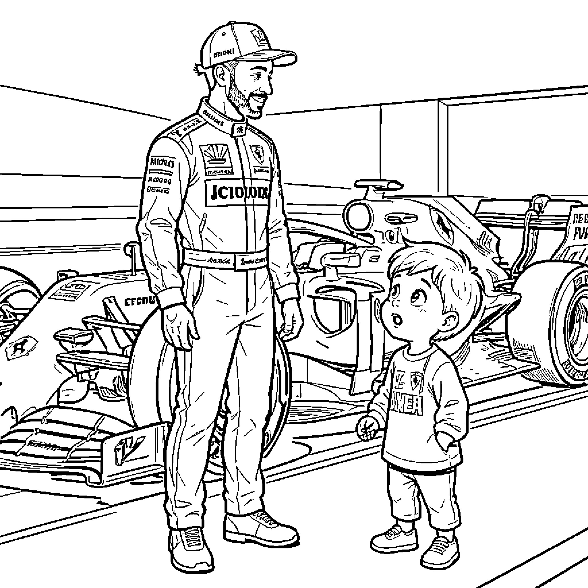 Car racer smiling while talking to a young boy Coloring Page (free black-and-white line drawing printable PDF for all, from beginners to advanced learners, including children, teens, adults, and seniors)