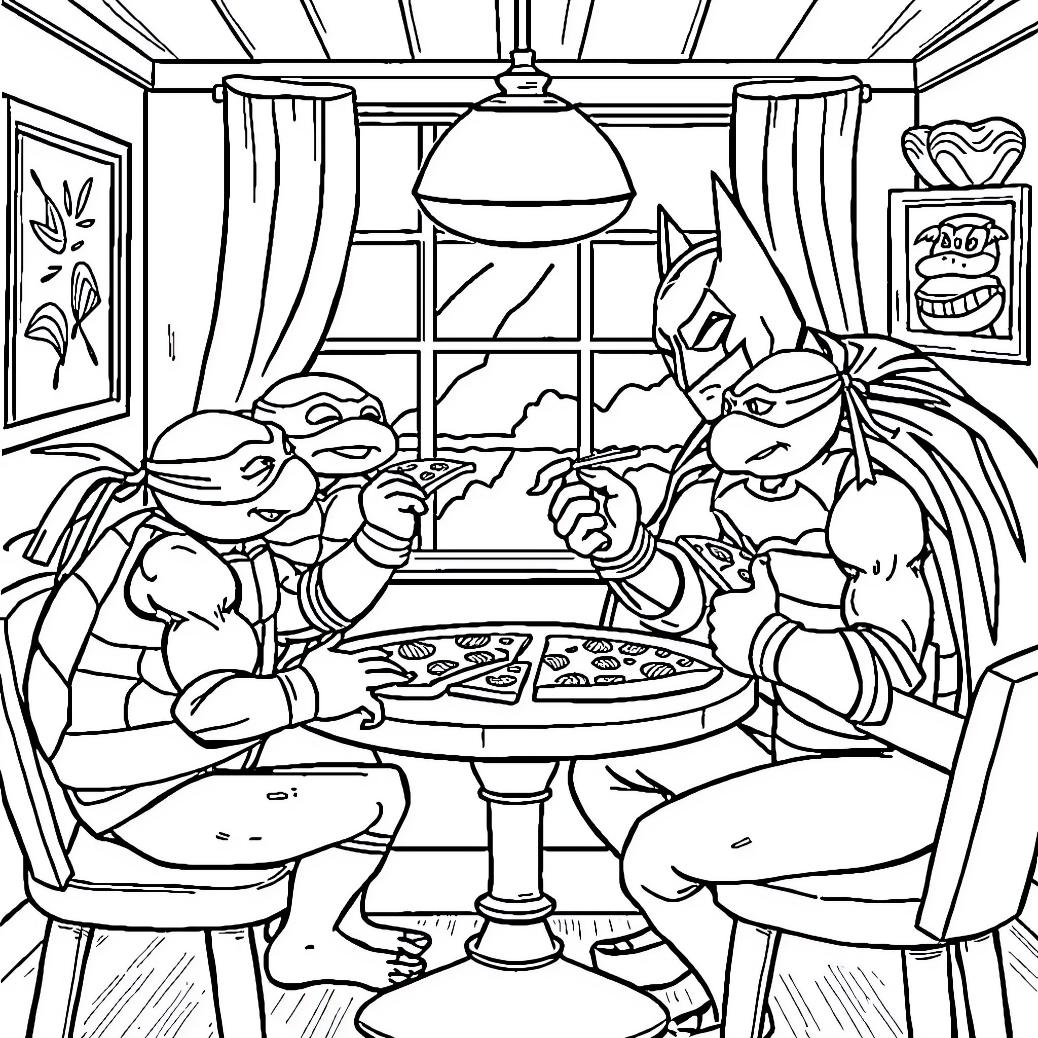 Batman and friends having a pizza party Coloring Page (free black-and-white line drawing printable PDF for all, from beginners to advanced learners, including children, teens, adults, and seniors)