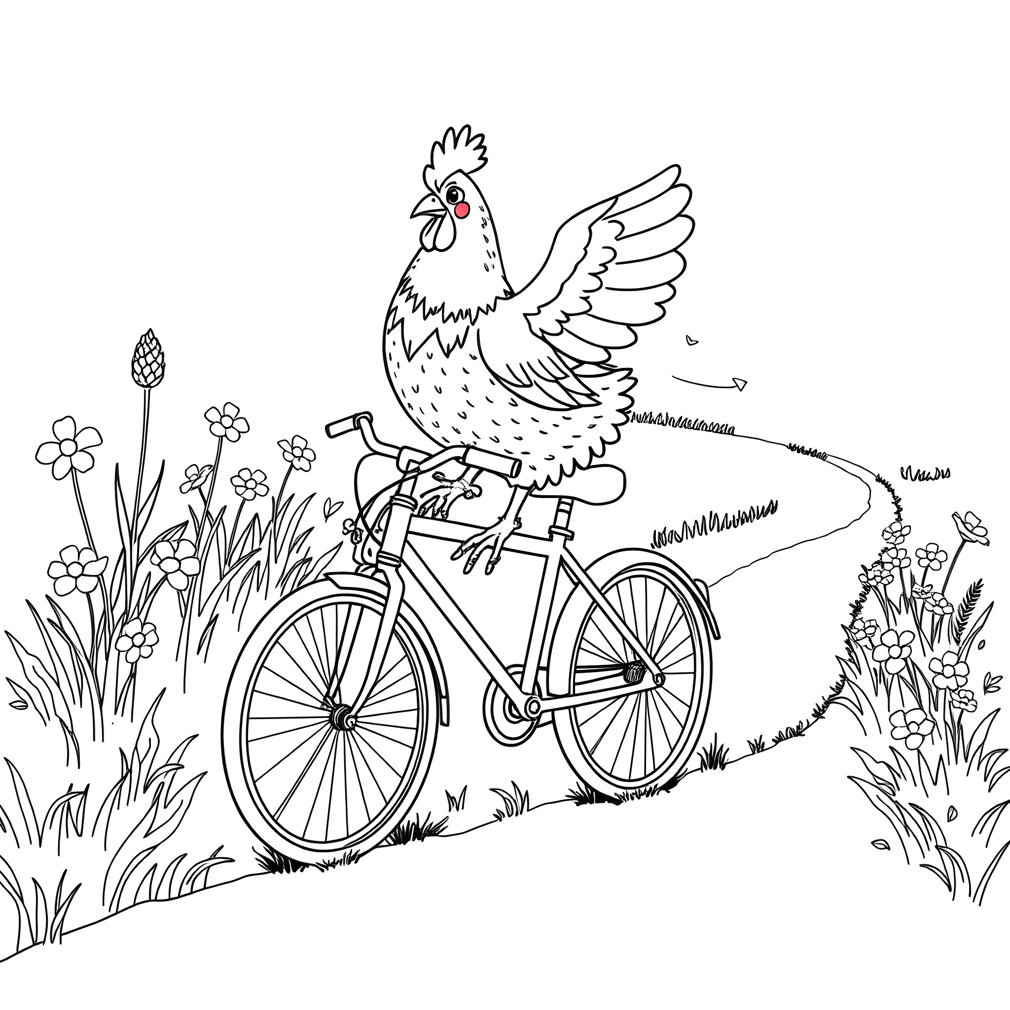 Chicken riding a bicycle in a garden Coloring Page (free black-and-white line drawing printable PDF for all, from beginners to advanced learners, including children, teens, adults, and seniors)