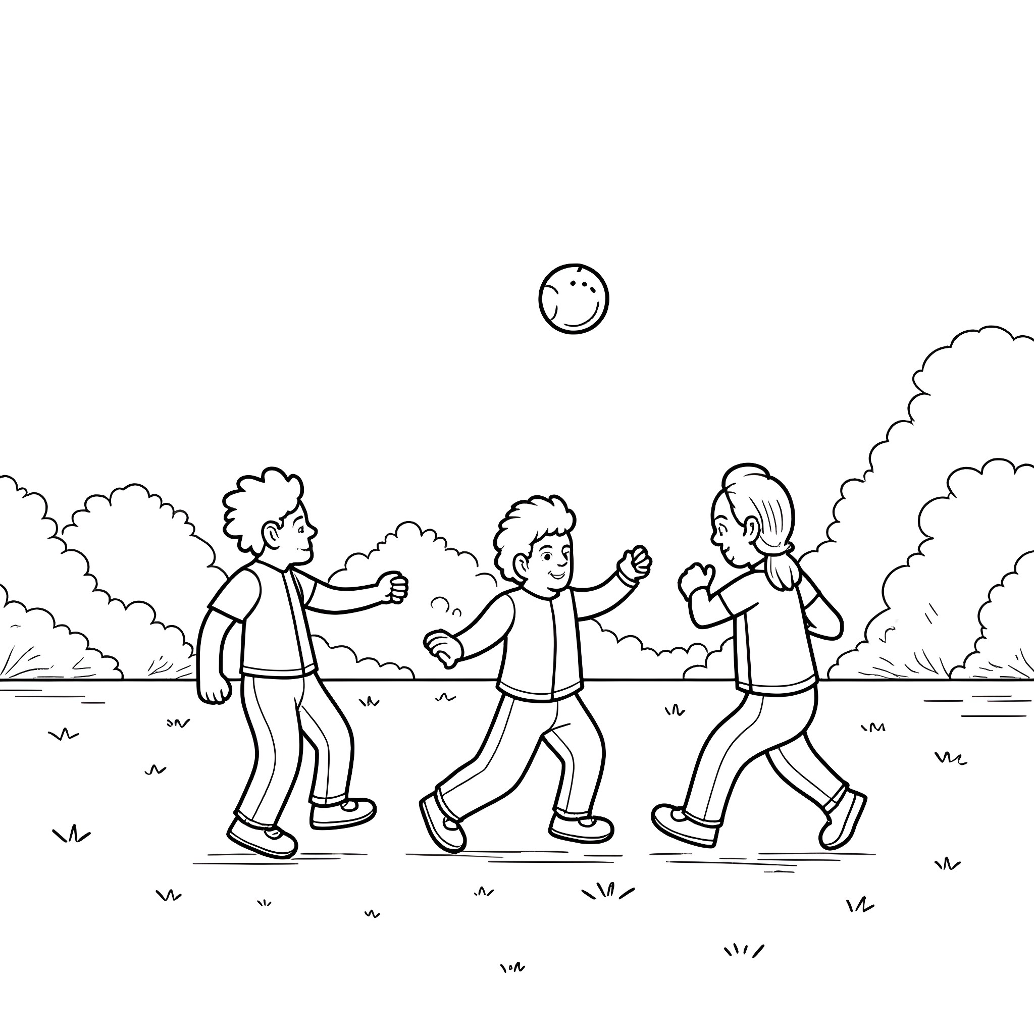 Michael Myers chasing kids in a park Coloring Page (free black-and-white line drawing printable PDF for all, from beginners to advanced learners, including children, teens, adults, and seniors)