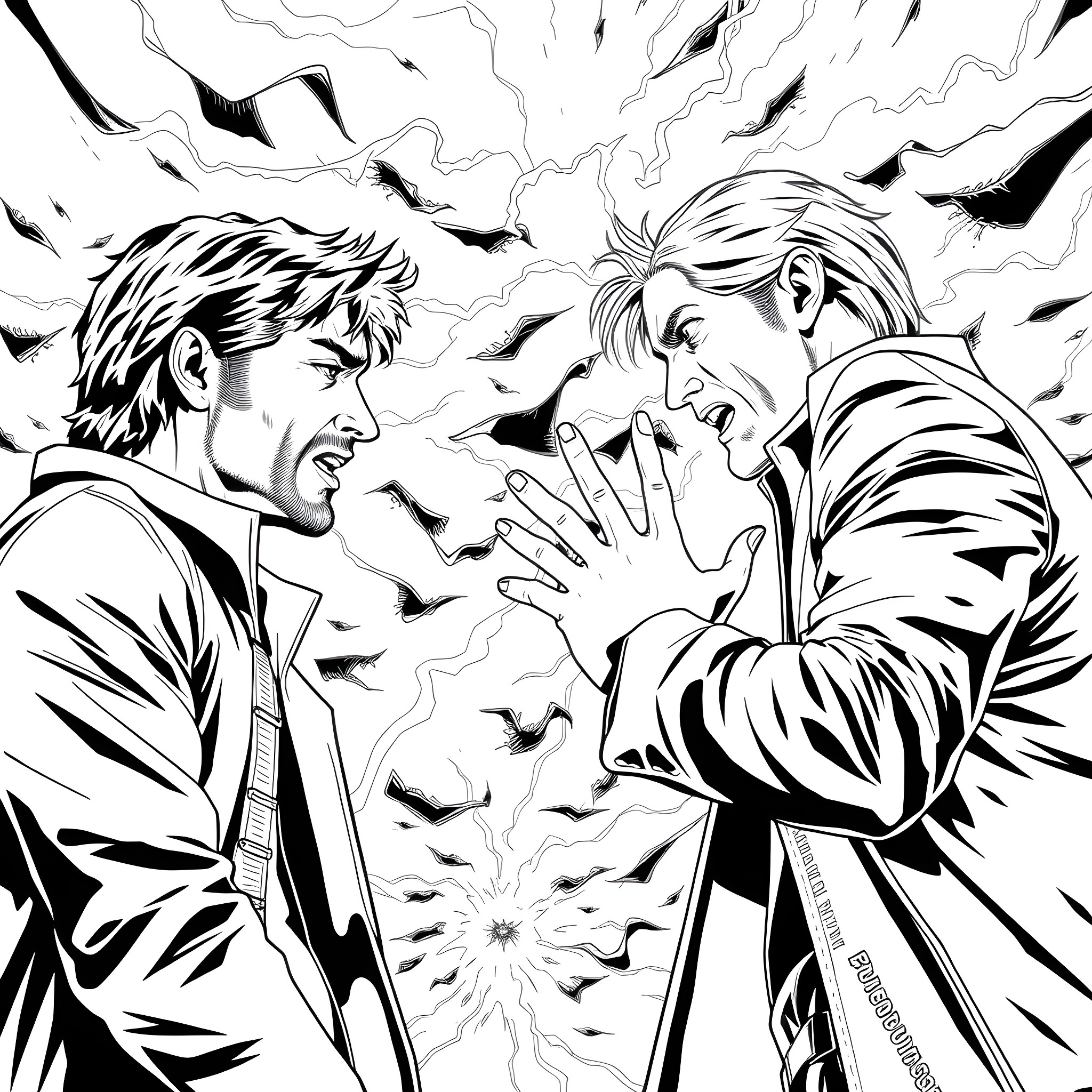 Winchester: Two men in confrontation amid intense energy Coloring Page (free black-and-white line drawing printable PDF for all, from beginners to advanced learners, including children, teens, adults, and seniors)