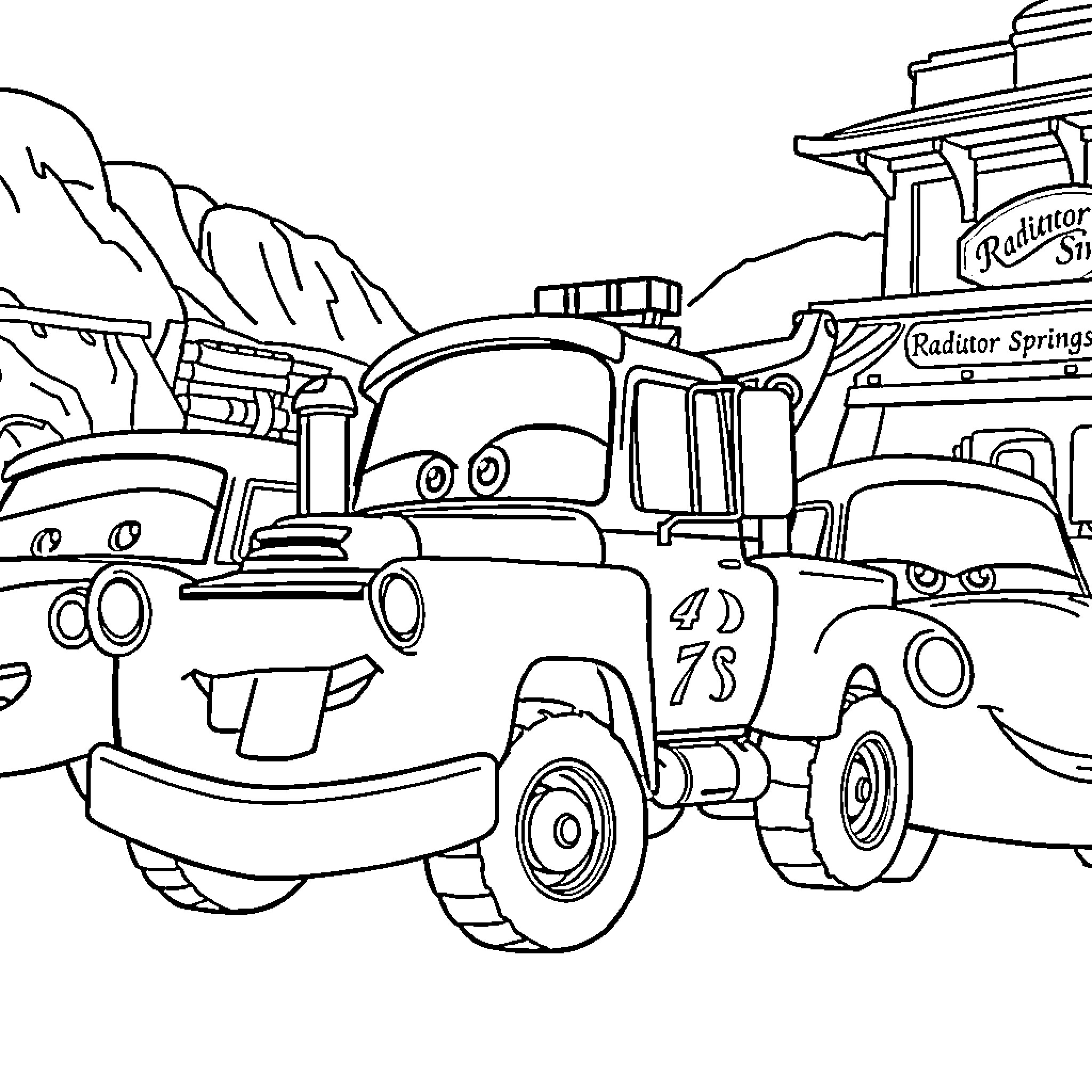 Mata's Adventures with Friendly Tow Trucks Coloring Page (free black-and-white line drawing printable PDF for all, from beginners to advanced learners, including children, teens, adults, and seniors)