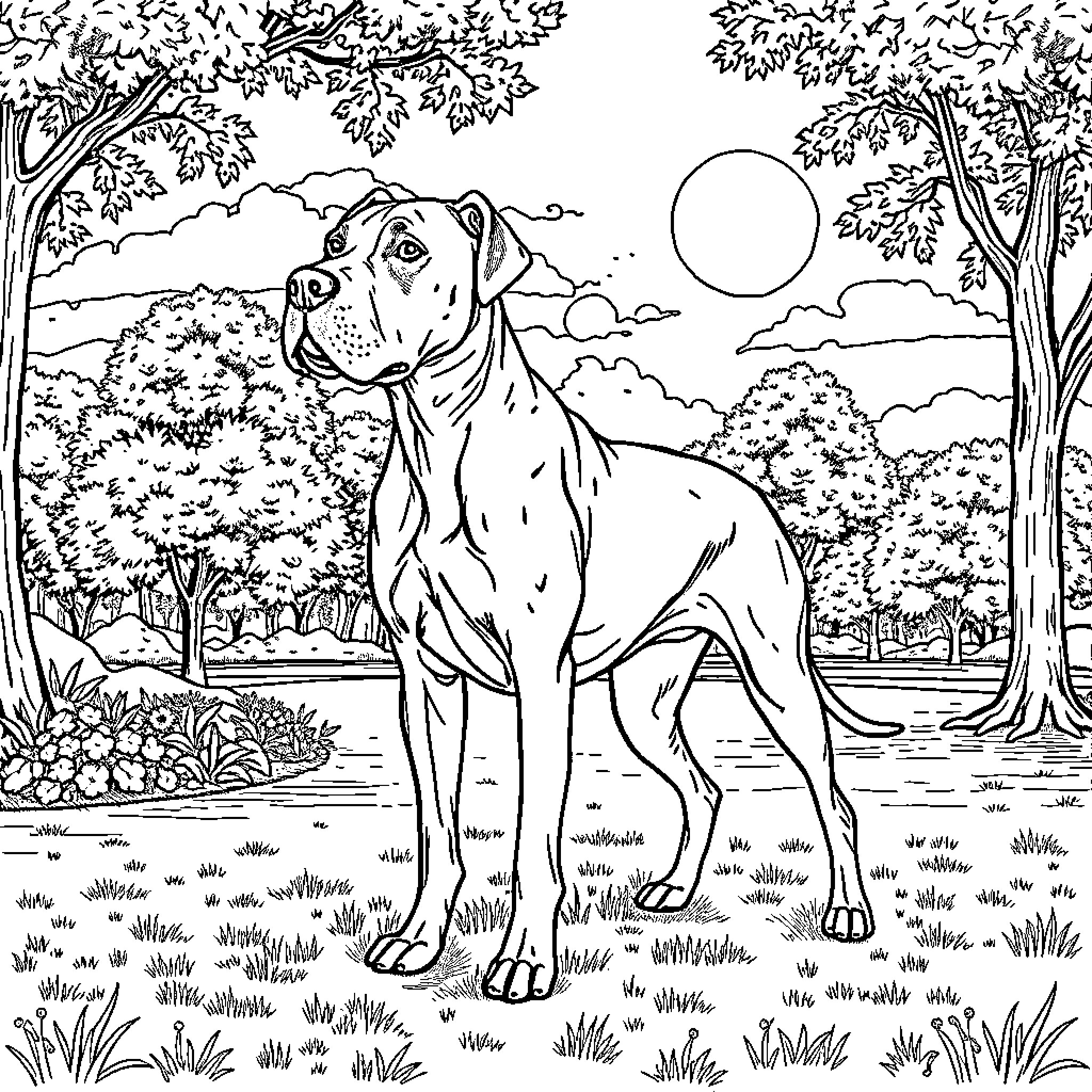 Ridgeback enjoying a serene outdoor scene Coloring Page (free black-and-white line drawing printable PDF for all, from beginners to advanced learners, including children, teens, adults, and seniors)