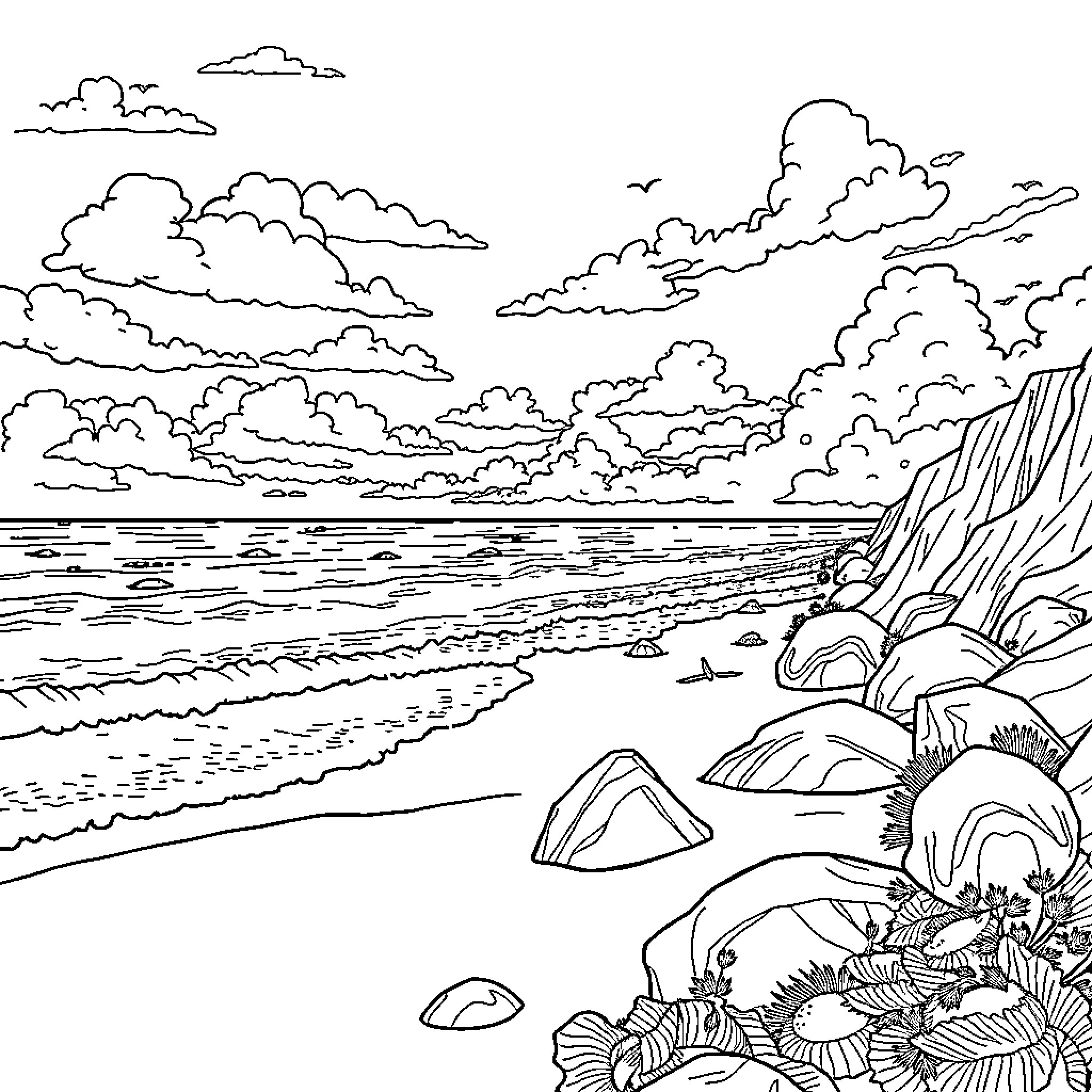 Beach scene with rocky cliffs and ocean waves Coloring Page (free black-and-white line drawing printable PDF for all, from beginners to advanced learners, including children, teens, adults, and seniors)