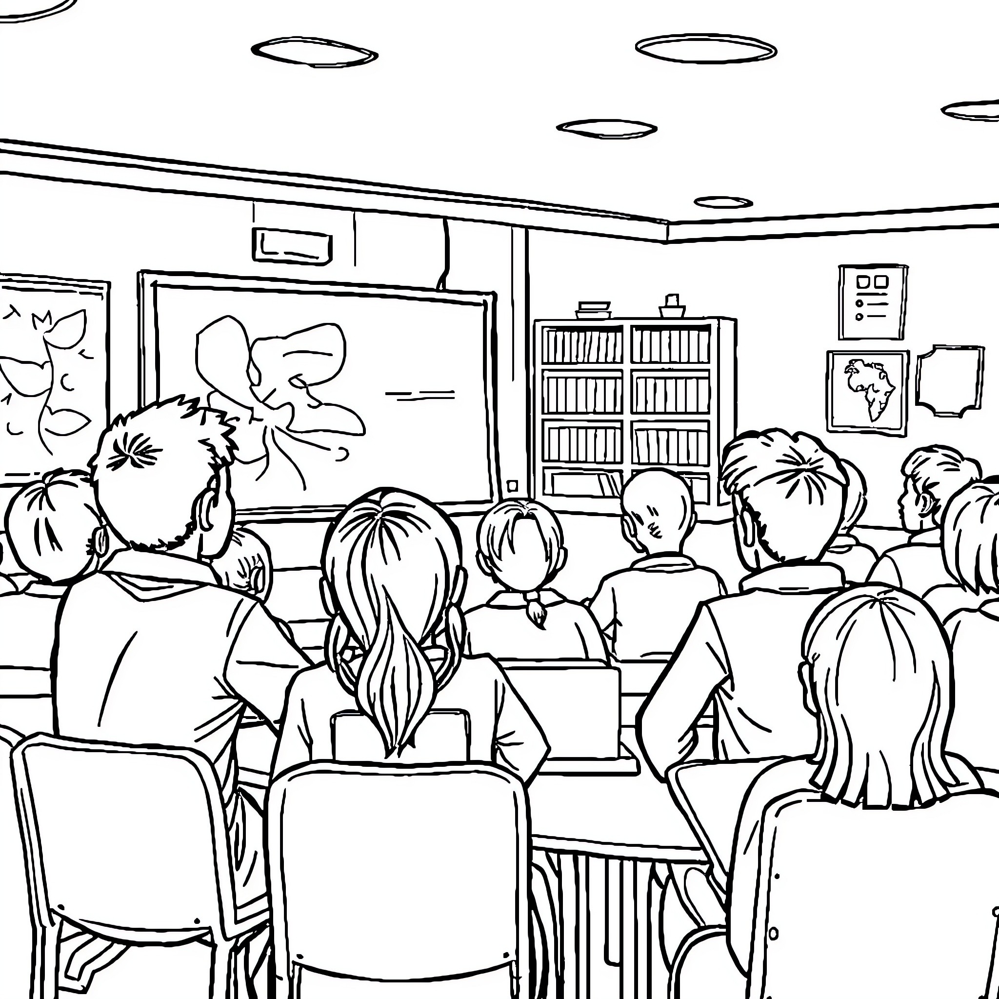 Reading Together in the Classroom Coloring Page (free black-and-white line drawing printable PDF for all, from beginners to advanced learners, including children, teens, adults, and seniors)