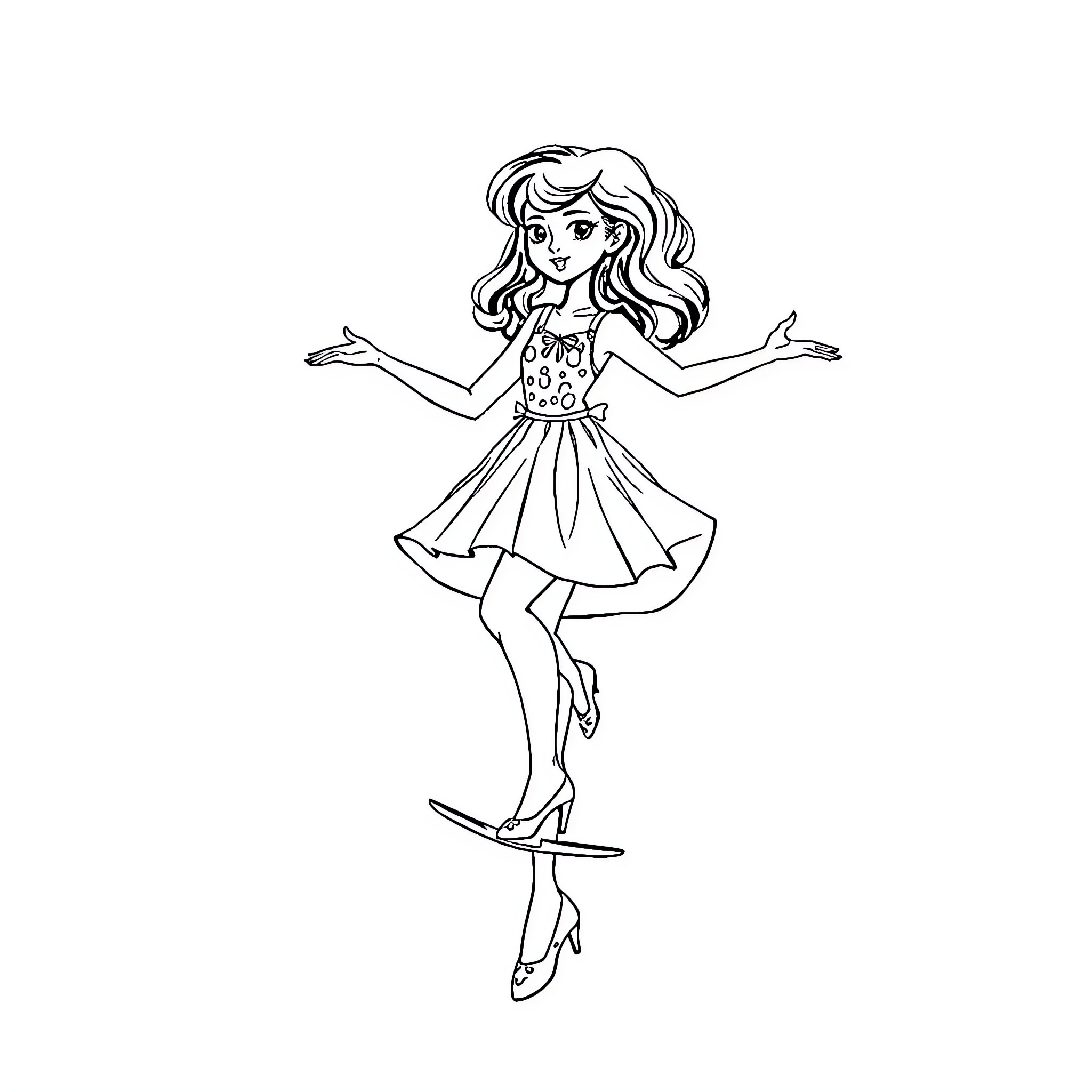 Chantal Goya dancing joyfully in a polka dot dress Coloring Page (free black-and-white line drawing printable PDF for all, from beginners to advanced learners, including children, teens, adults, and seniors)