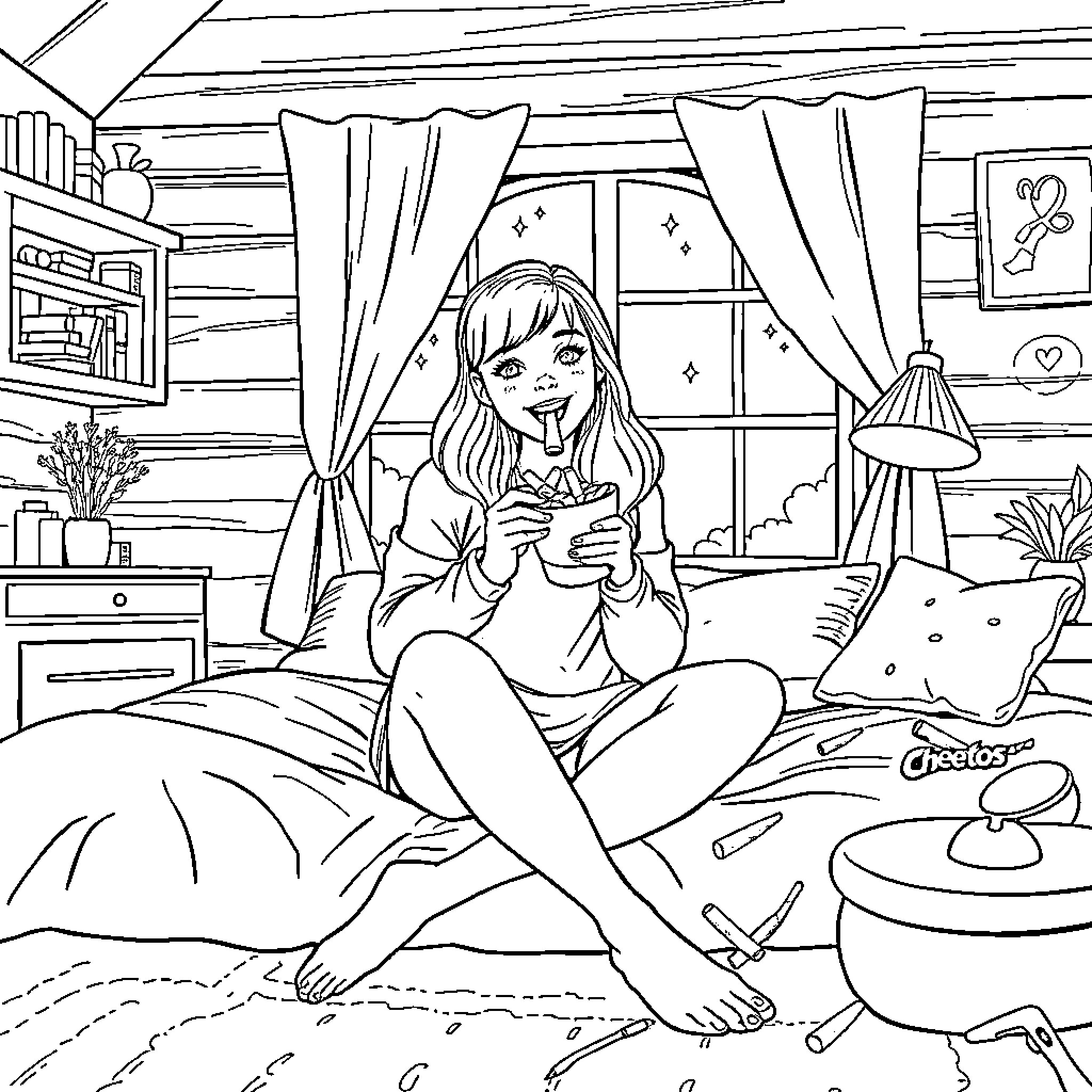 Ms Rachel enjoying a cozy evening at home Coloring Page (free black-and-white line drawing printable PDF for all, from beginners to advanced learners, including children, teens, adults, and seniors)