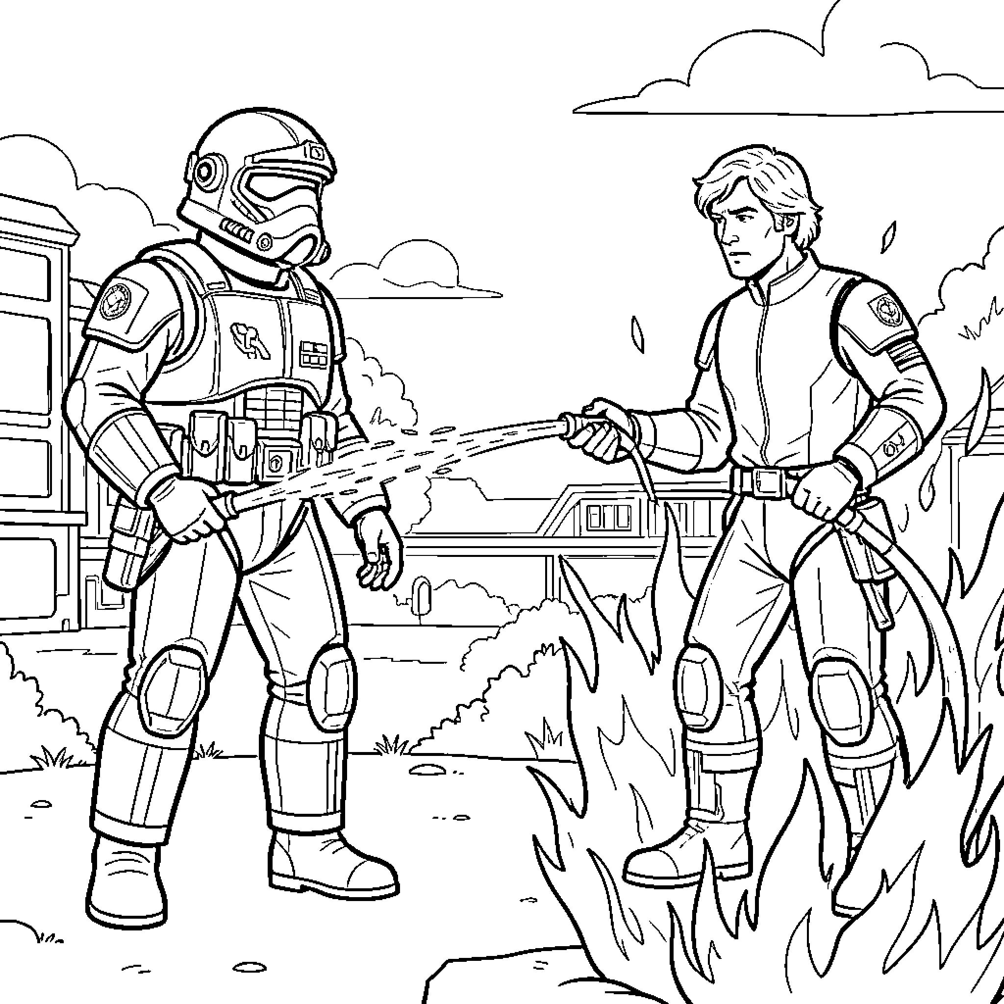 Pompier firefighters battling a large spreading fire Coloring Page (free black-and-white line drawing printable PDF for all, from beginners to advanced learners, including children, teens, adults, and seniors)