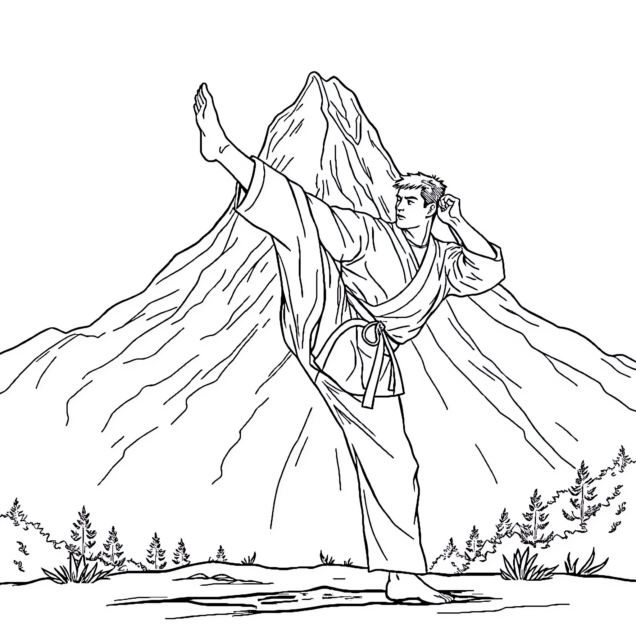 Karate Guy performing dramatic martial arts stance in nature Coloring Page (free black-and-white line drawing printable PDF for all, from beginners to advanced learners, including children, teens, adults, and seniors)
