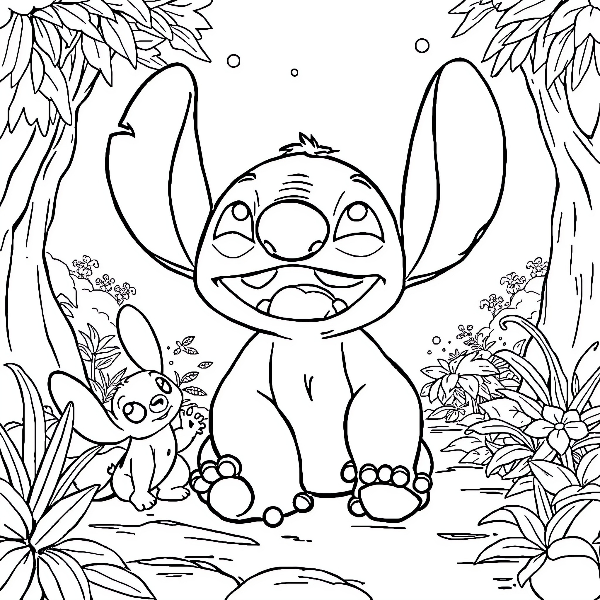 Stitch enjoying nature with his friend Coloring Page (free black-and-white line drawing printable PDF for all, from beginners to advanced learners, including children, teens, adults, and seniors)