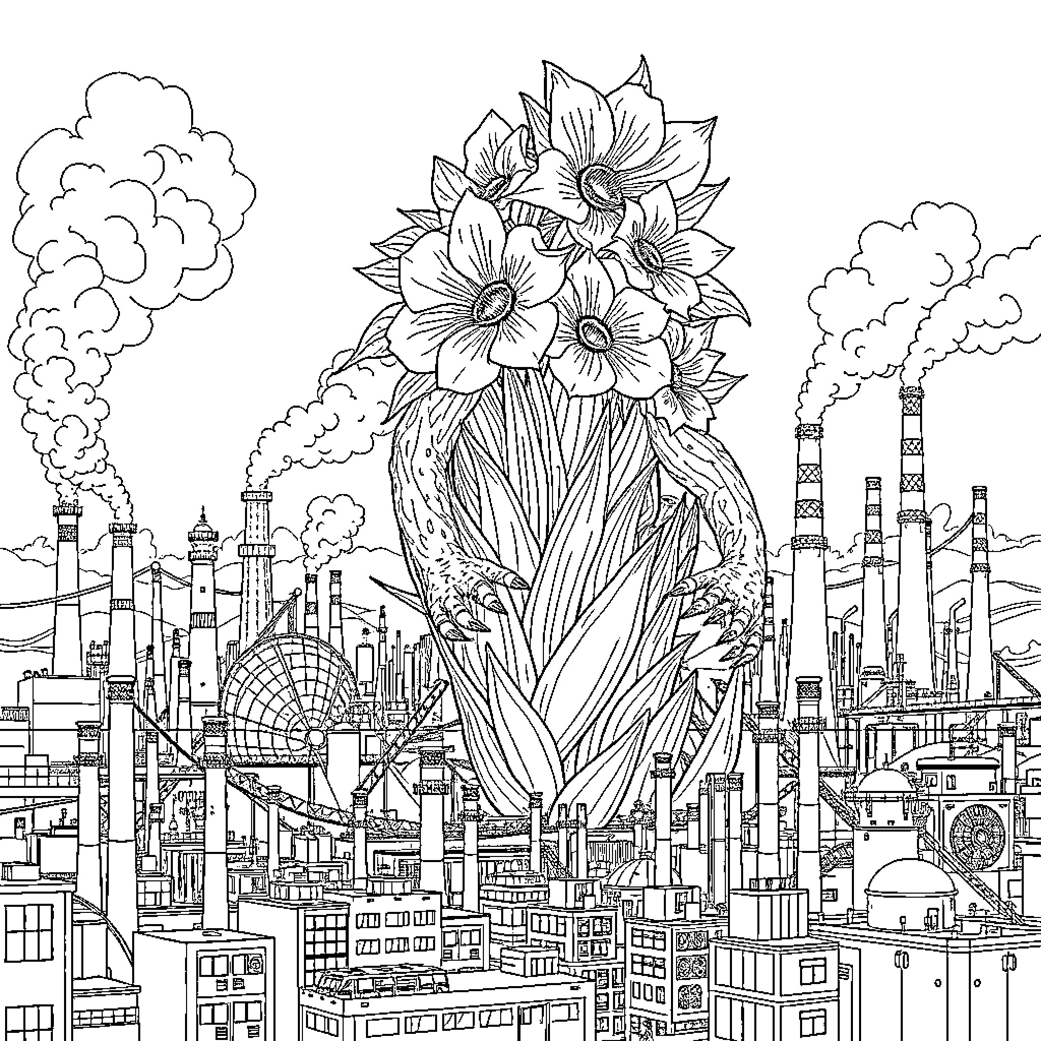 Biollante emerging from industrial cityscape Coloring Page (free black-and-white line drawing printable PDF for all, from beginners to advanced learners, including children, teens, adults, and seniors)