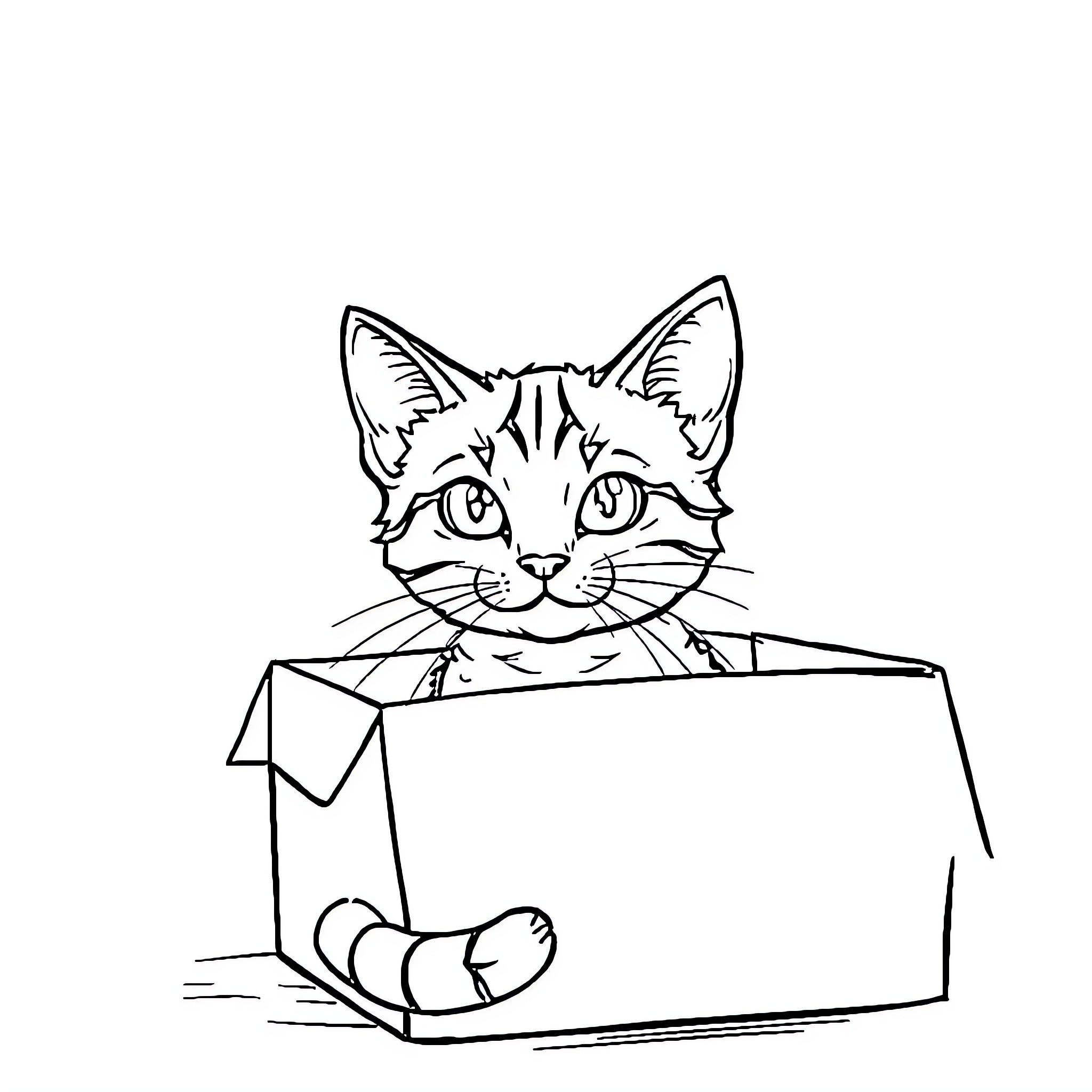 Cat peeking out from cardboard box Coloring Page (free black-and-white line drawing printable PDF for all, from beginners to advanced learners, including children, teens, adults, and seniors)