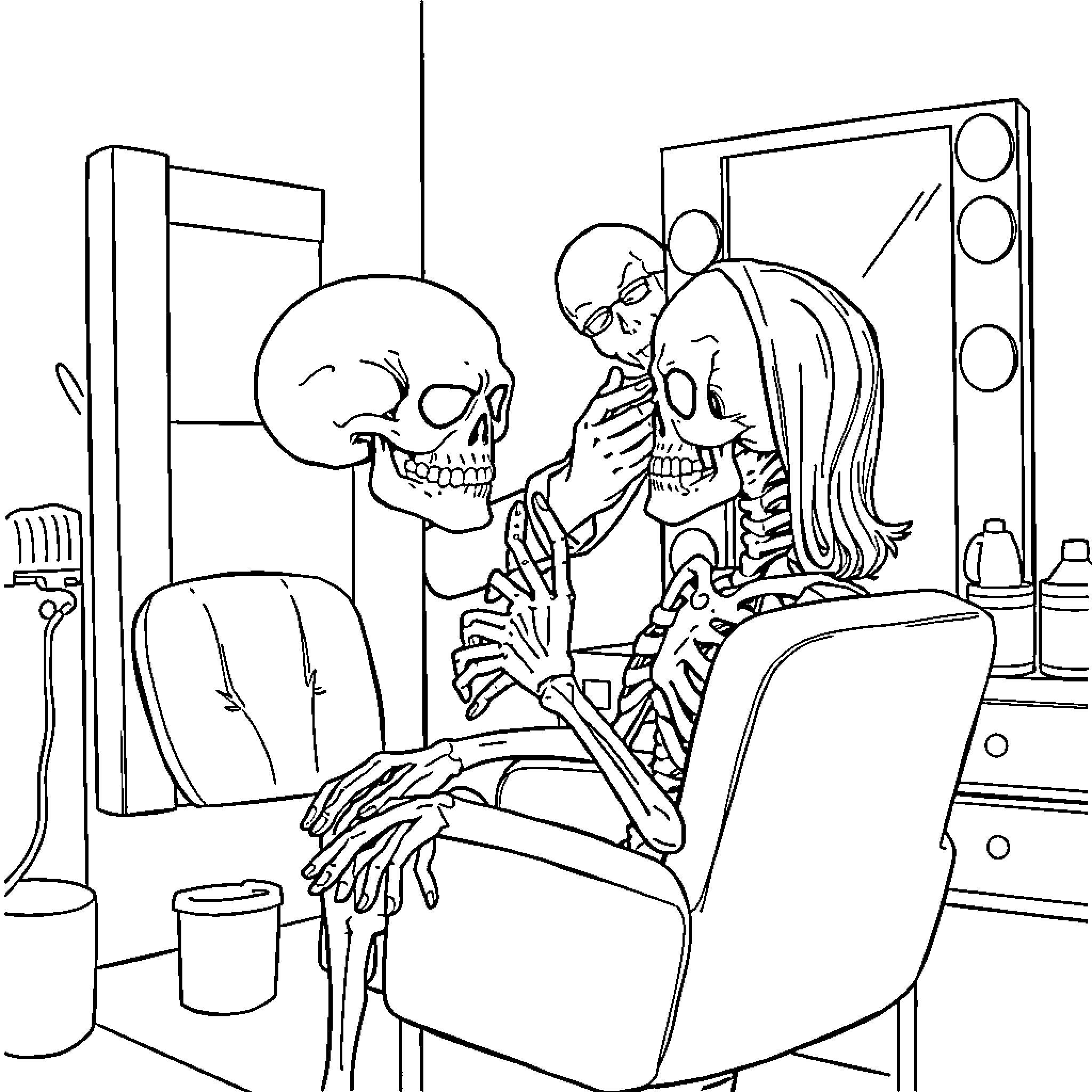 Skeletor at the Dentist Office Coloring Page (free black-and-white line drawing printable PDF for all, from beginners to advanced learners, including children, teens, adults, and seniors)