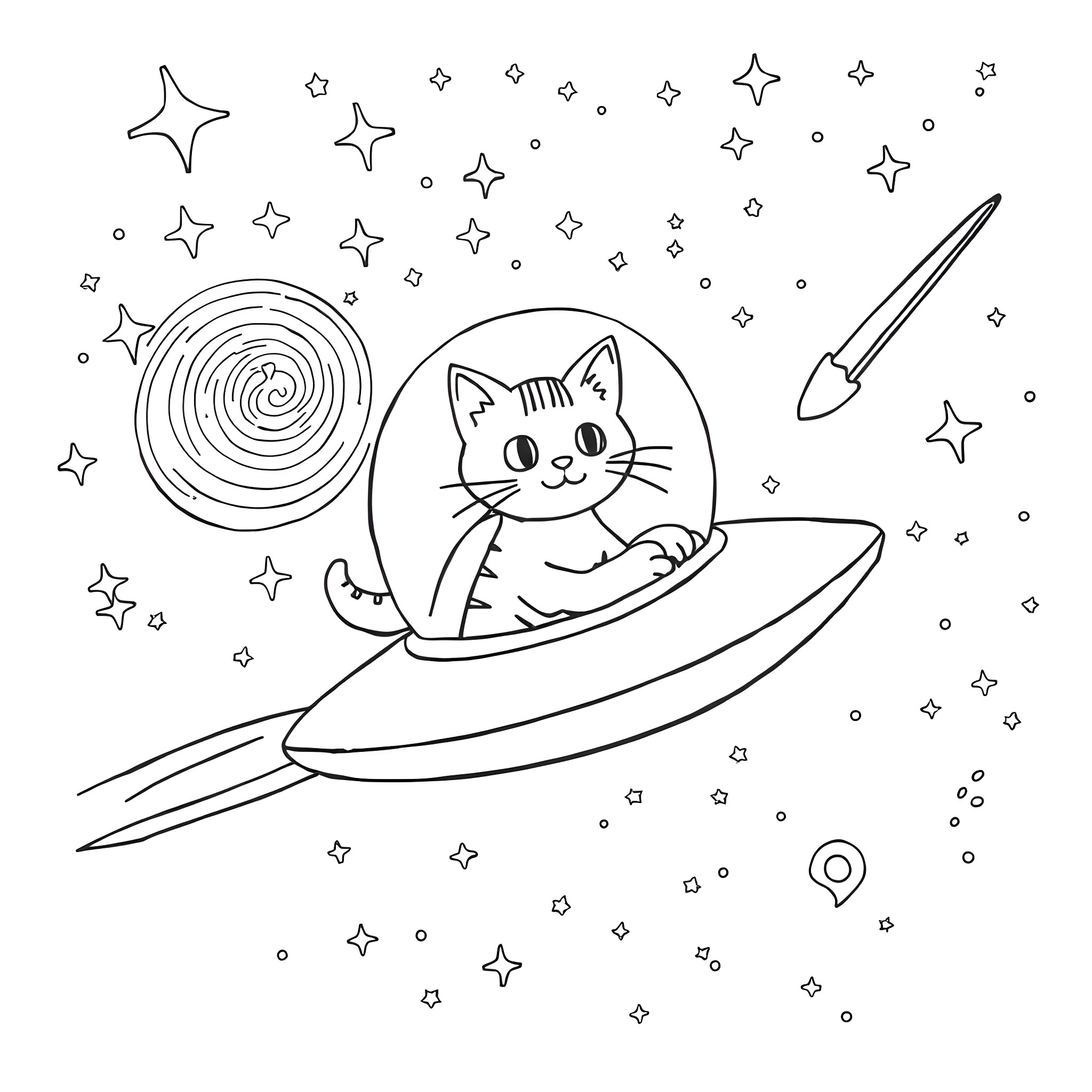 Cat exploring space in a flying saucer Coloring Page (free black-and-white line drawing printable PDF for all, from beginners to advanced learners, including children, teens, adults, and seniors)