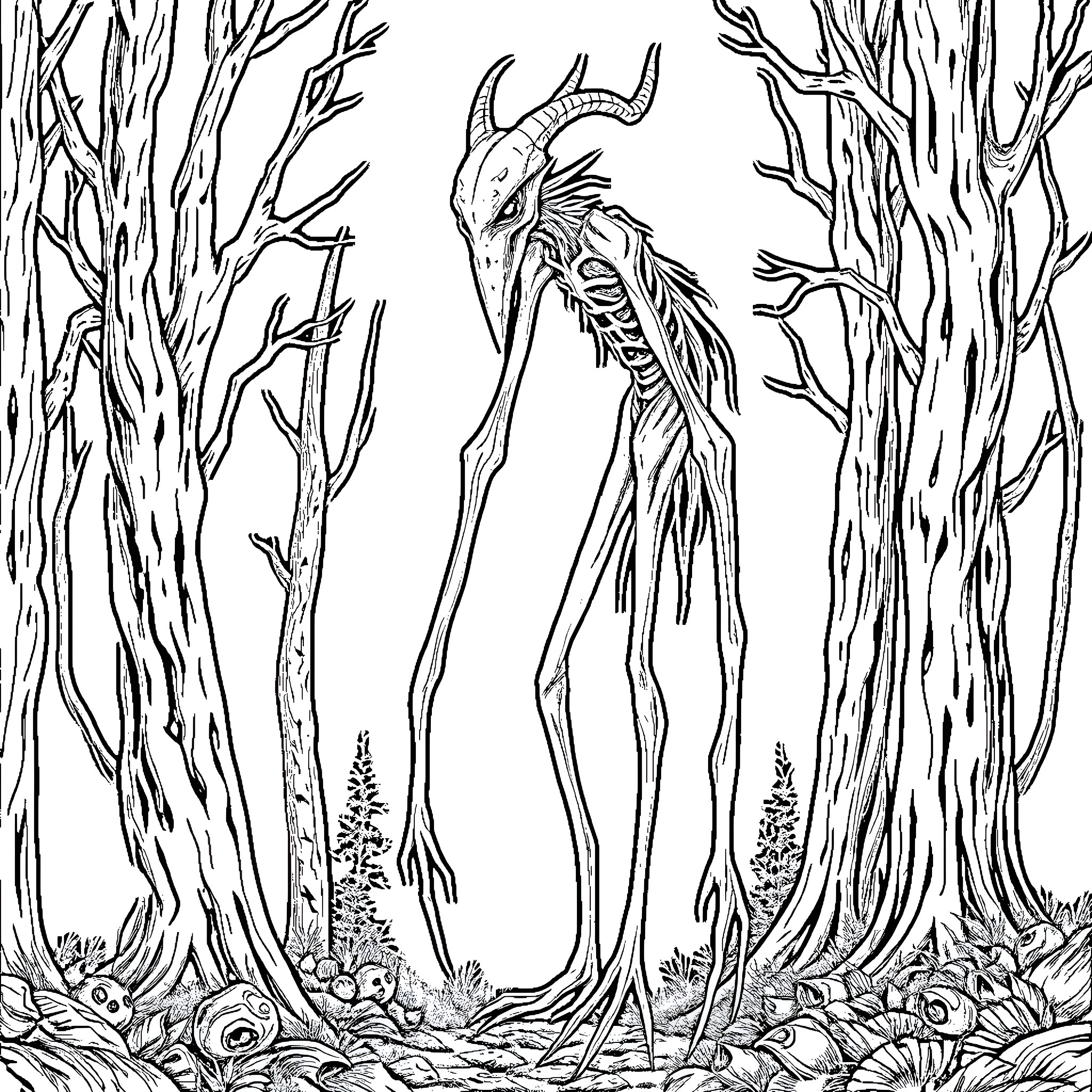 Siren Head Haunting the Eerie Forest Coloring Page (free black-and-white line drawing printable PDF for all, from beginners to advanced learners, including children, teens, adults, and seniors)