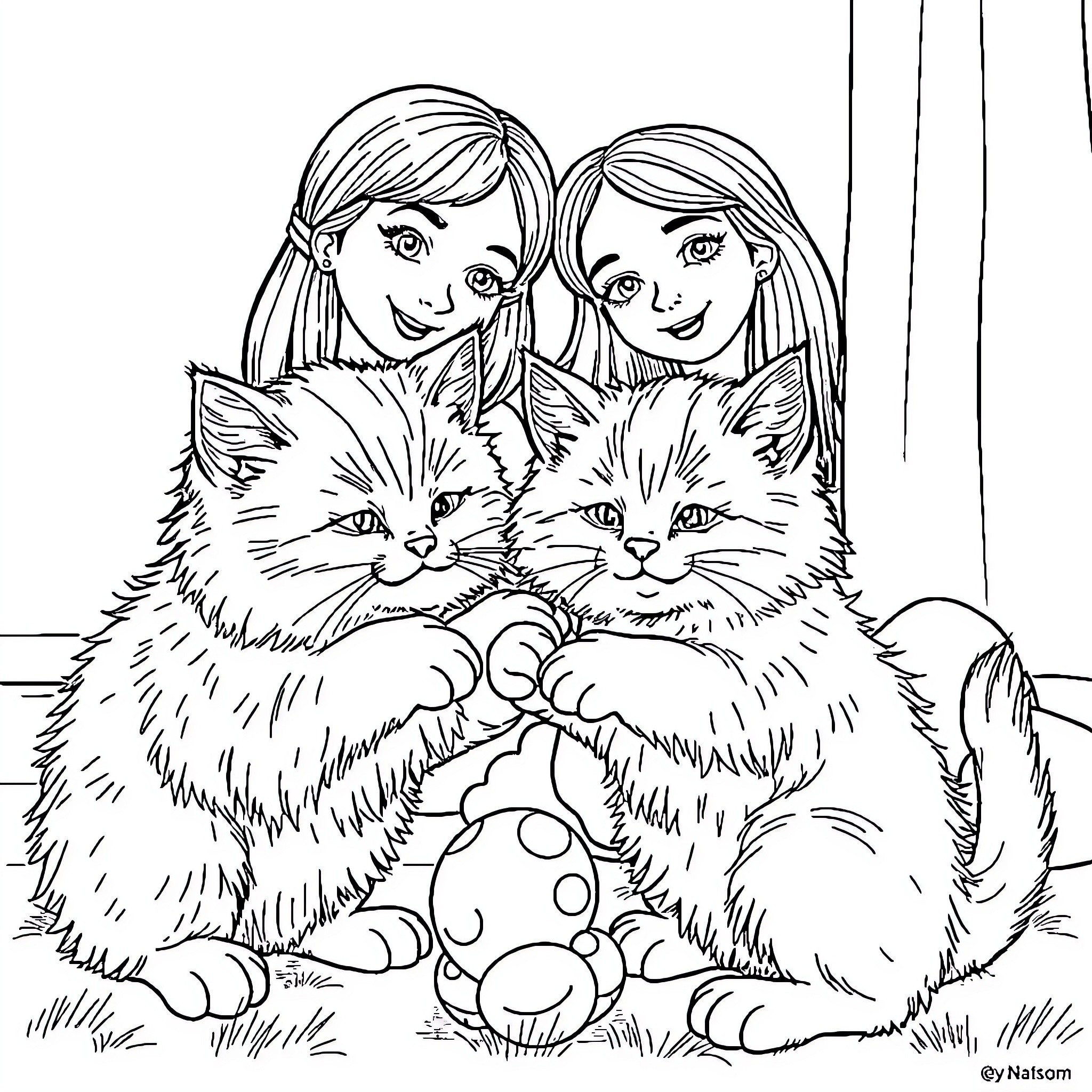 Cats with young girls in a cozy setting Coloring Page (free black-and-white line drawing printable PDF for all, from beginners to advanced learners, including children, teens, adults, and seniors)