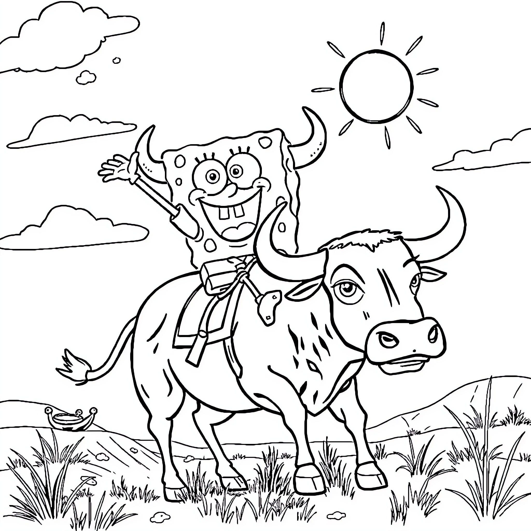 Spongebob riding a happy cow in the countryside Coloring Page (free black-and-white line drawing printable PDF for all, from beginners to advanced learners, including children, teens, adults, and seniors)