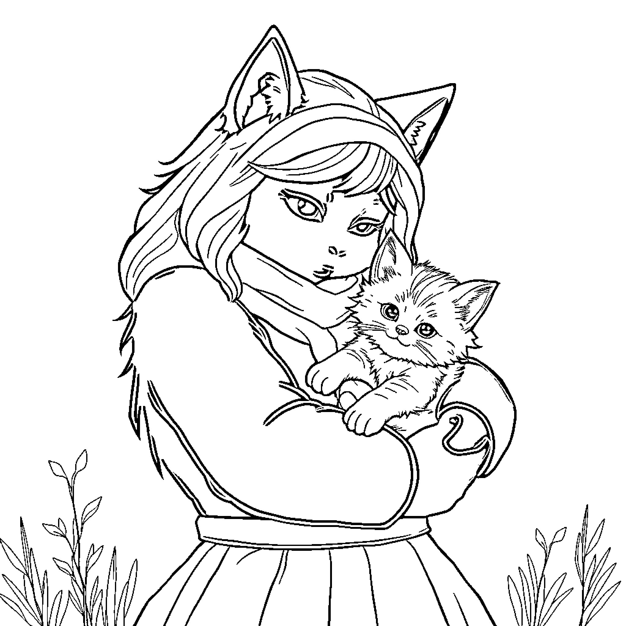 Rumi and the Curious Kitten Coloring Page (free black-and-white line drawing printable PDF for all, from beginners to advanced learners, including children, teens, adults, and seniors)