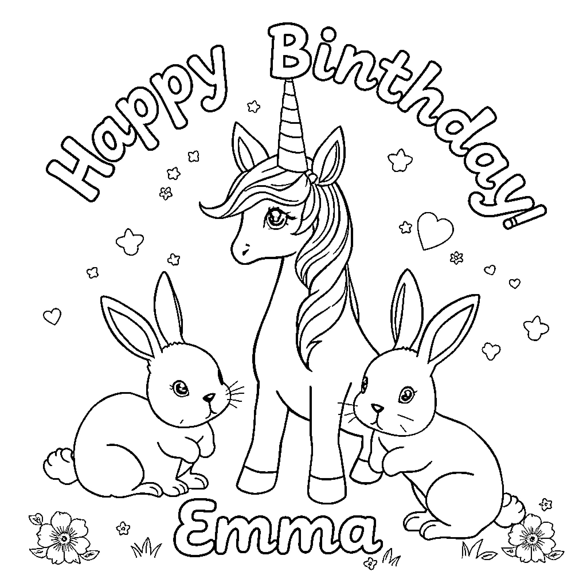 Unicorn and Rabbits Celebrate Emma's Birthday Coloring Page (free black-and-white line drawing printable PDF for all, from beginners to advanced learners, including children, teens, adults, and seniors)