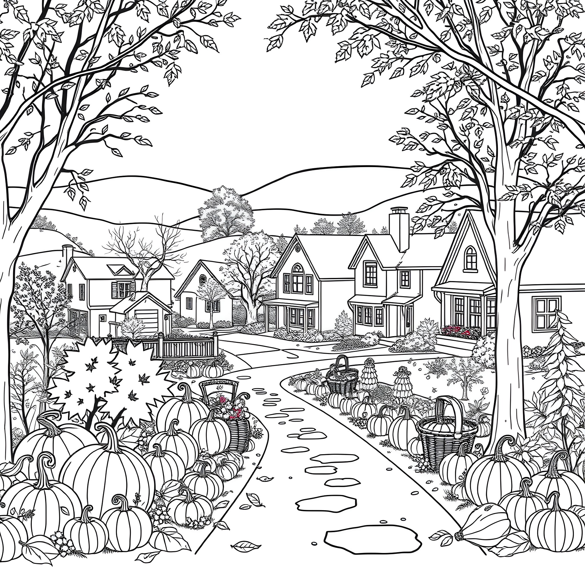 Neighborhood Autumn Scenery with Pumpkins and Foliage Coloring Page (free black-and-white line drawing printable PDF for all, from beginners to advanced learners, including children, teens, adults, and seniors)