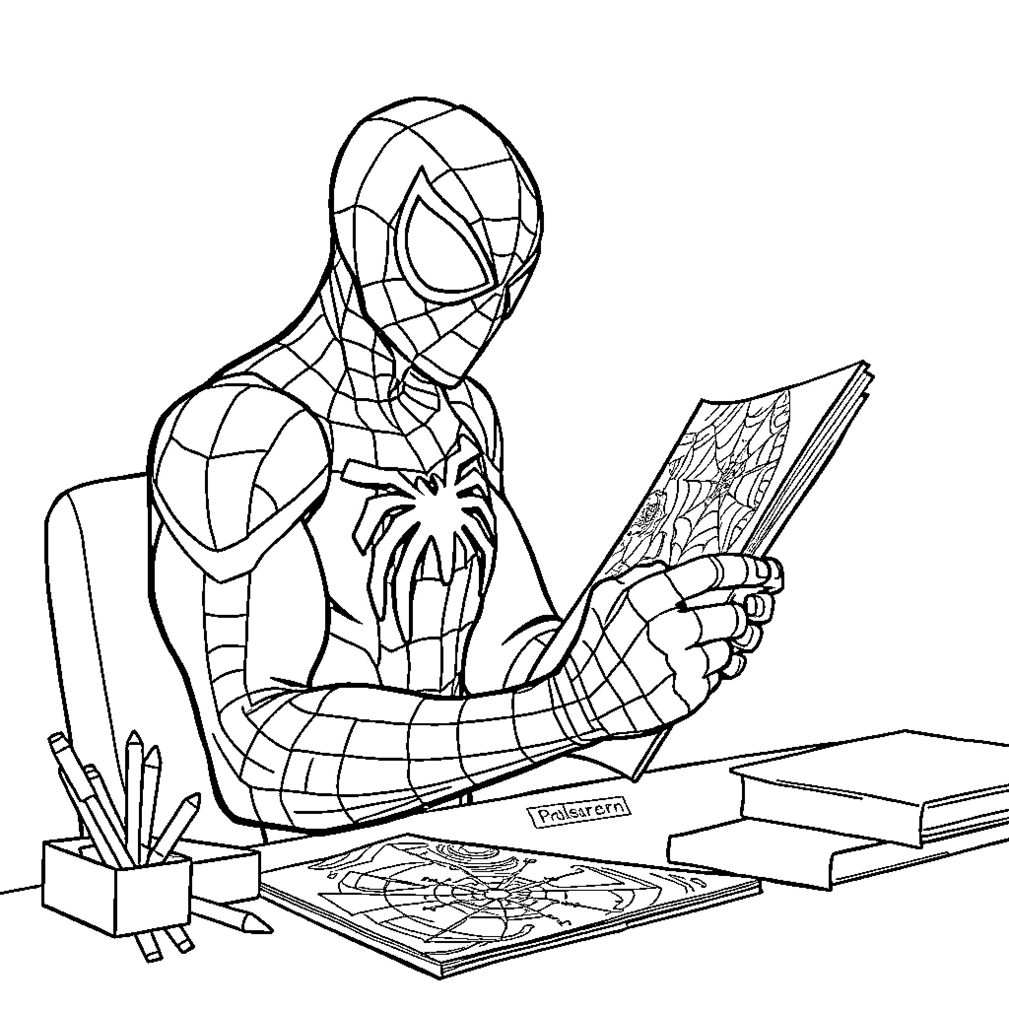 Spiderman sketching a web-patterned design Coloring Page (free black-and-white line drawing printable PDF for all, from beginners to advanced learners, including children, teens, adults, and seniors)
