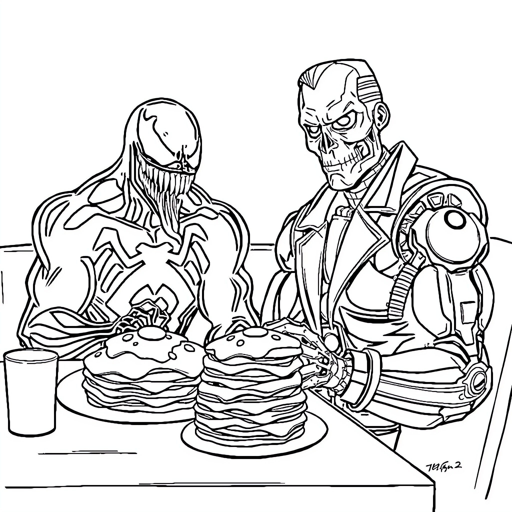 Venom Enjoying a Tasty Meal with Cyborg Companion Coloring Page (free black-and-white line drawing printable PDF for all, from beginners to advanced learners, including children, teens, adults, and seniors)