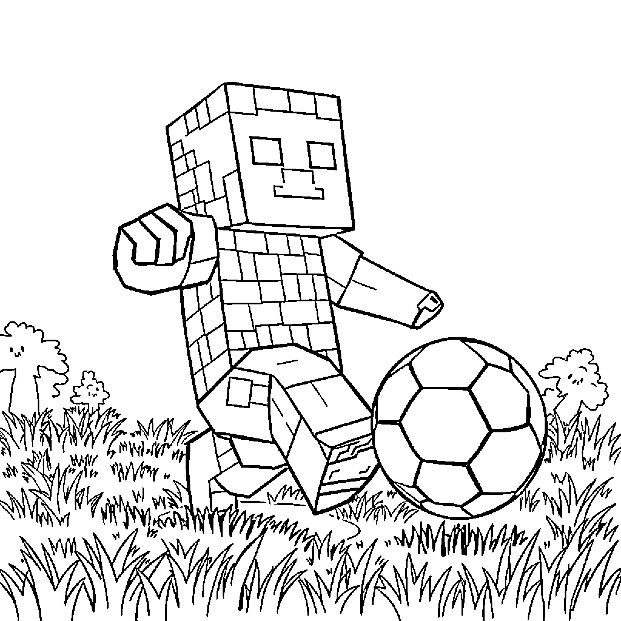Creeper playing soccer in grassy field Coloring Page (free black-and-white line drawing printable PDF for all, from beginners to advanced learners, including children, teens, adults, and seniors)