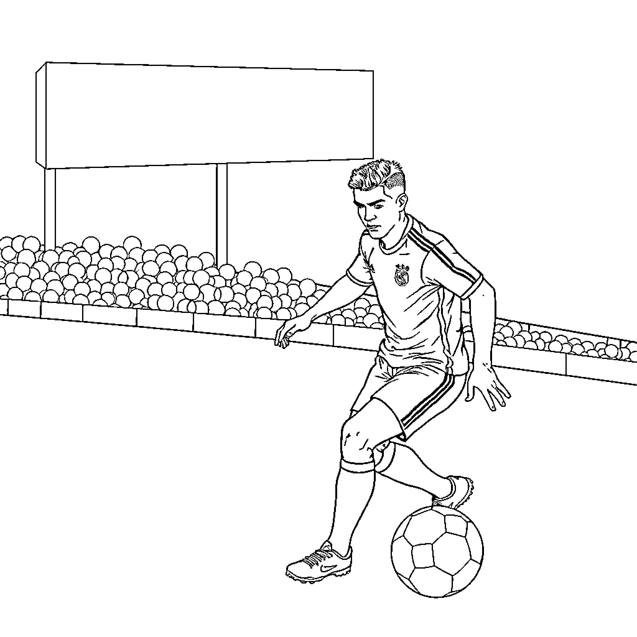 Ronaldo playing soccer on the field Coloring Page (free black-and-white line drawing printable PDF for all, from beginners to advanced learners, including children, teens, adults, and seniors)