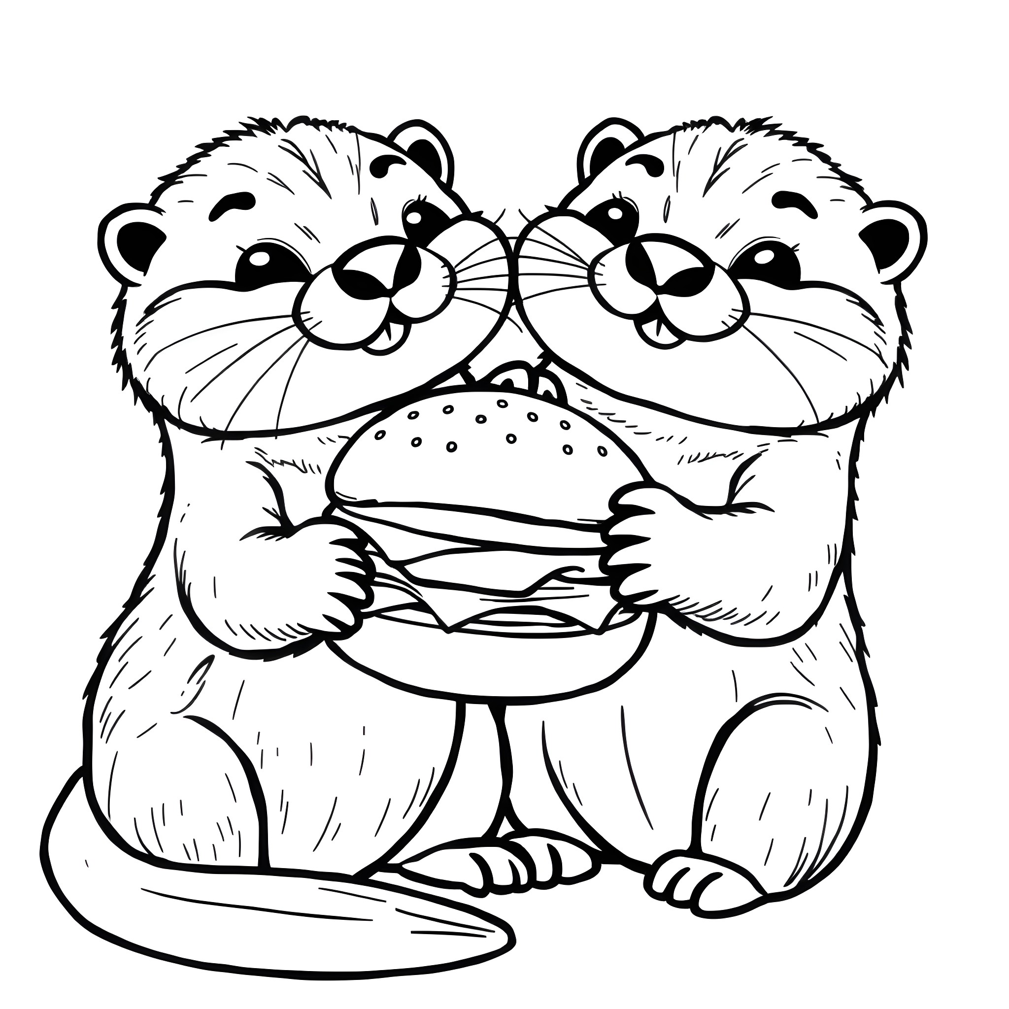 Otter siblings sharing a burger happily Coloring Page (free black-and-white line drawing printable PDF for all, from beginners to advanced learners, including children, teens, adults, and seniors)