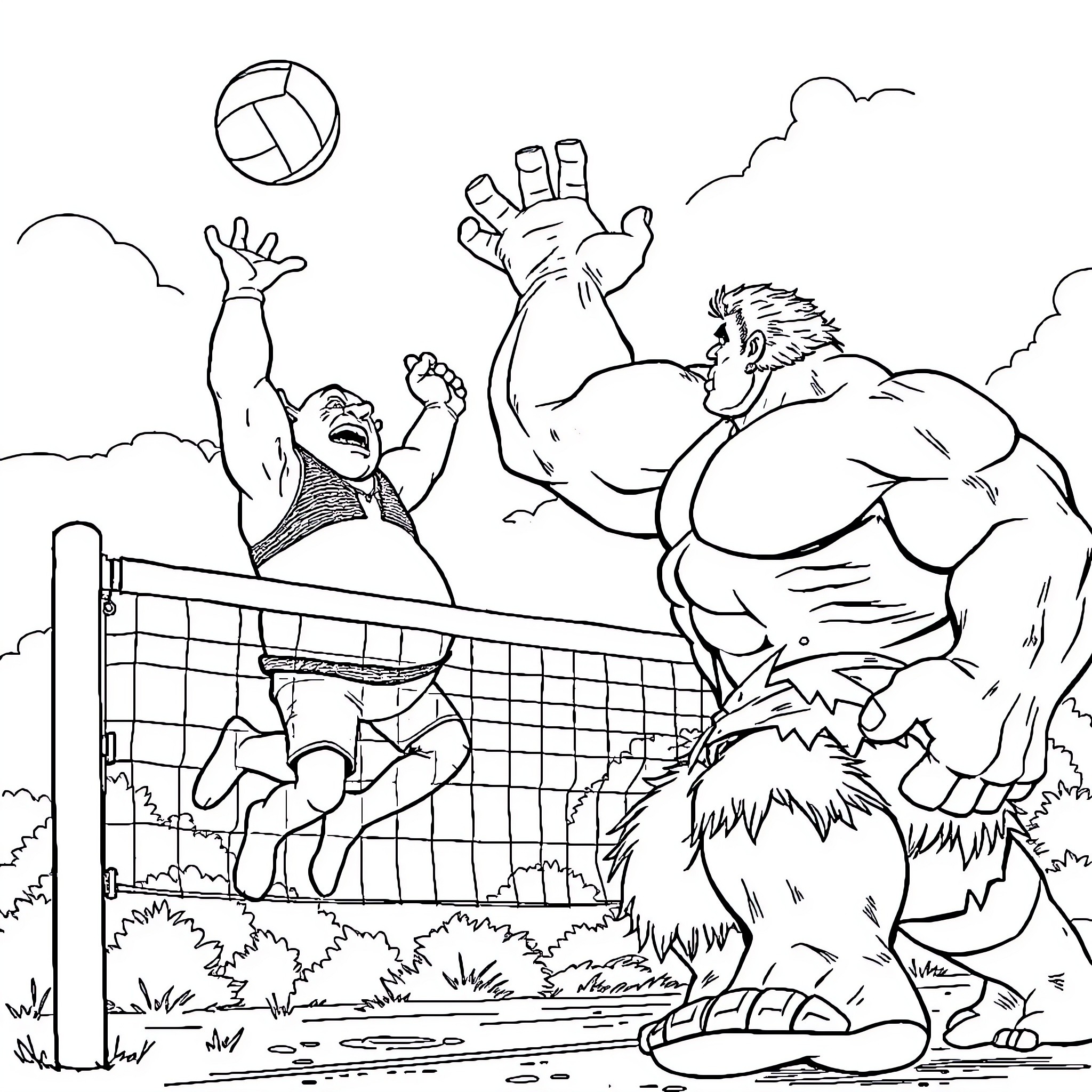 Shrek and Donkey playing volleyball with towering figures Coloring Page (free black-and-white line drawing printable PDF for all, from beginners to advanced learners, including children, teens, adults, and seniors)