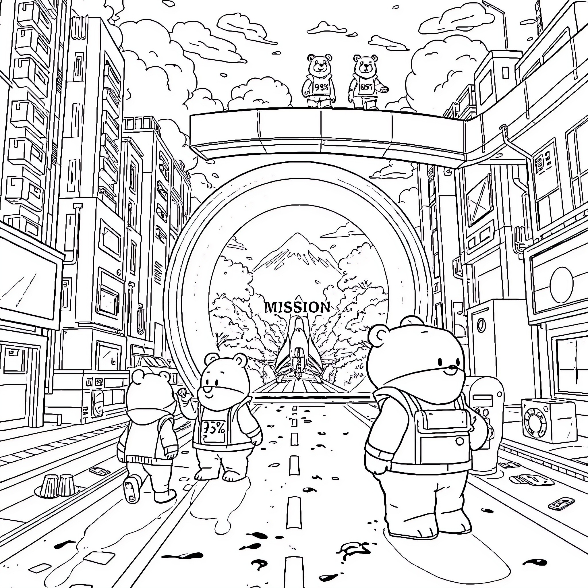 Bear adventurers exploring the city landscape Coloring Page (free black-and-white line drawing printable PDF for all, from beginners to advanced learners, including children, teens, adults, and seniors)