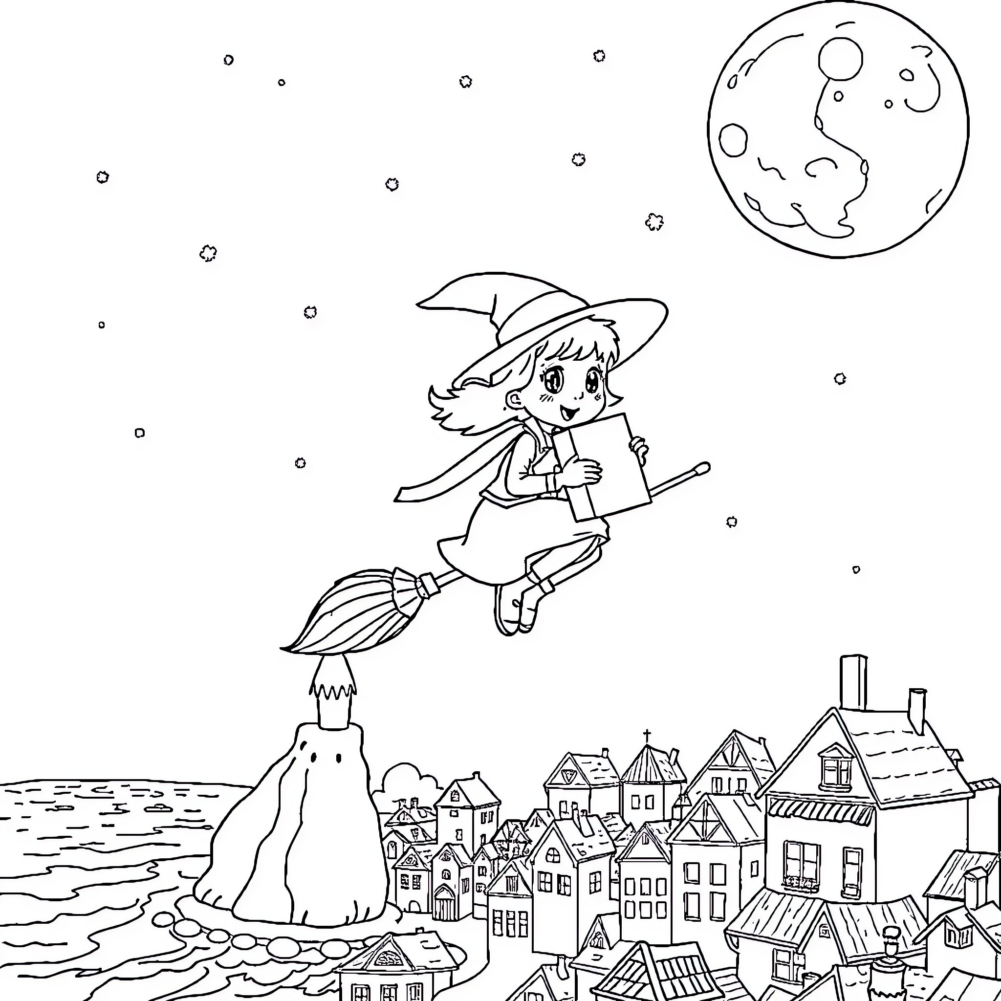Kiki's Enchanting Night Flight over the Village Coloring Page (free black-and-white line drawing printable PDF for all, from beginners to advanced learners, including children, teens, adults, and seniors)