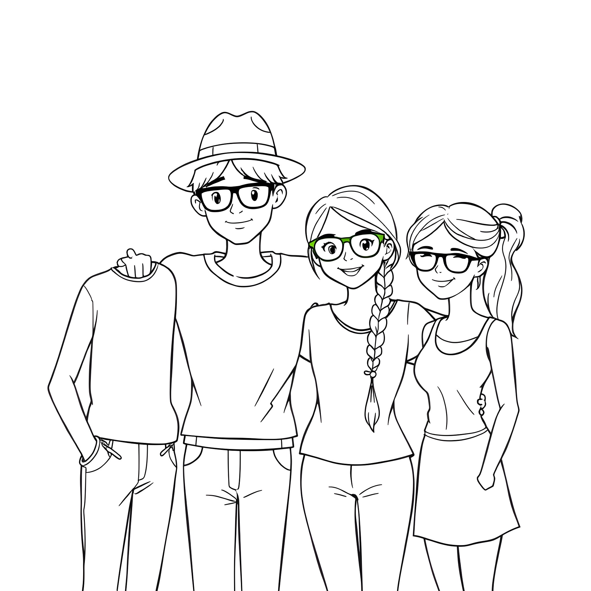 Friends enjoying each other's company Coloring Page (free black-and-white line drawing printable PDF for all, from beginners to advanced learners, including children, teens, adults, and seniors)