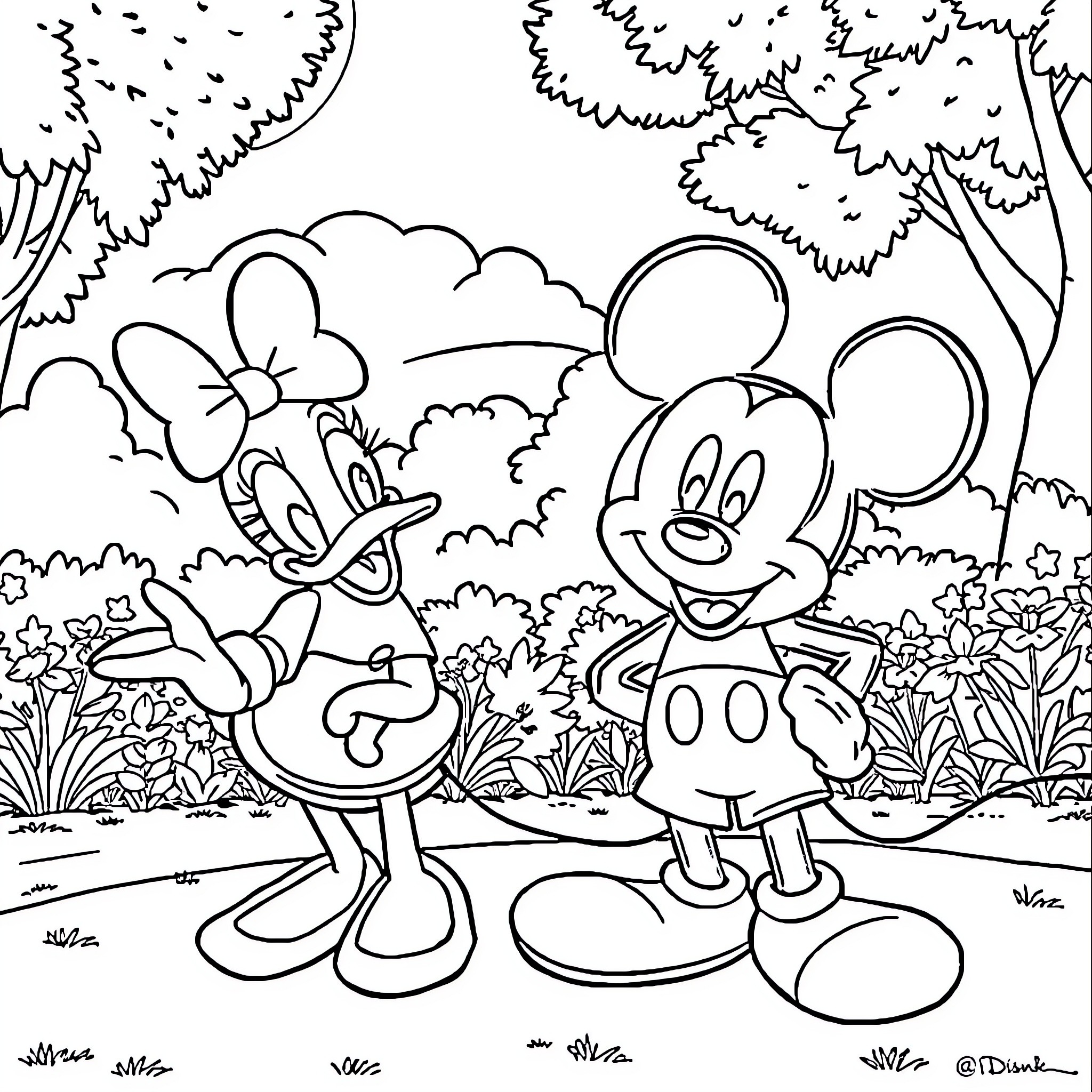 Mickey Mouse and Minnie Mouse playing in the park Coloring Page (free black-and-white line drawing printable PDF for all, from beginners to advanced learners, including children, teens, adults, and seniors)