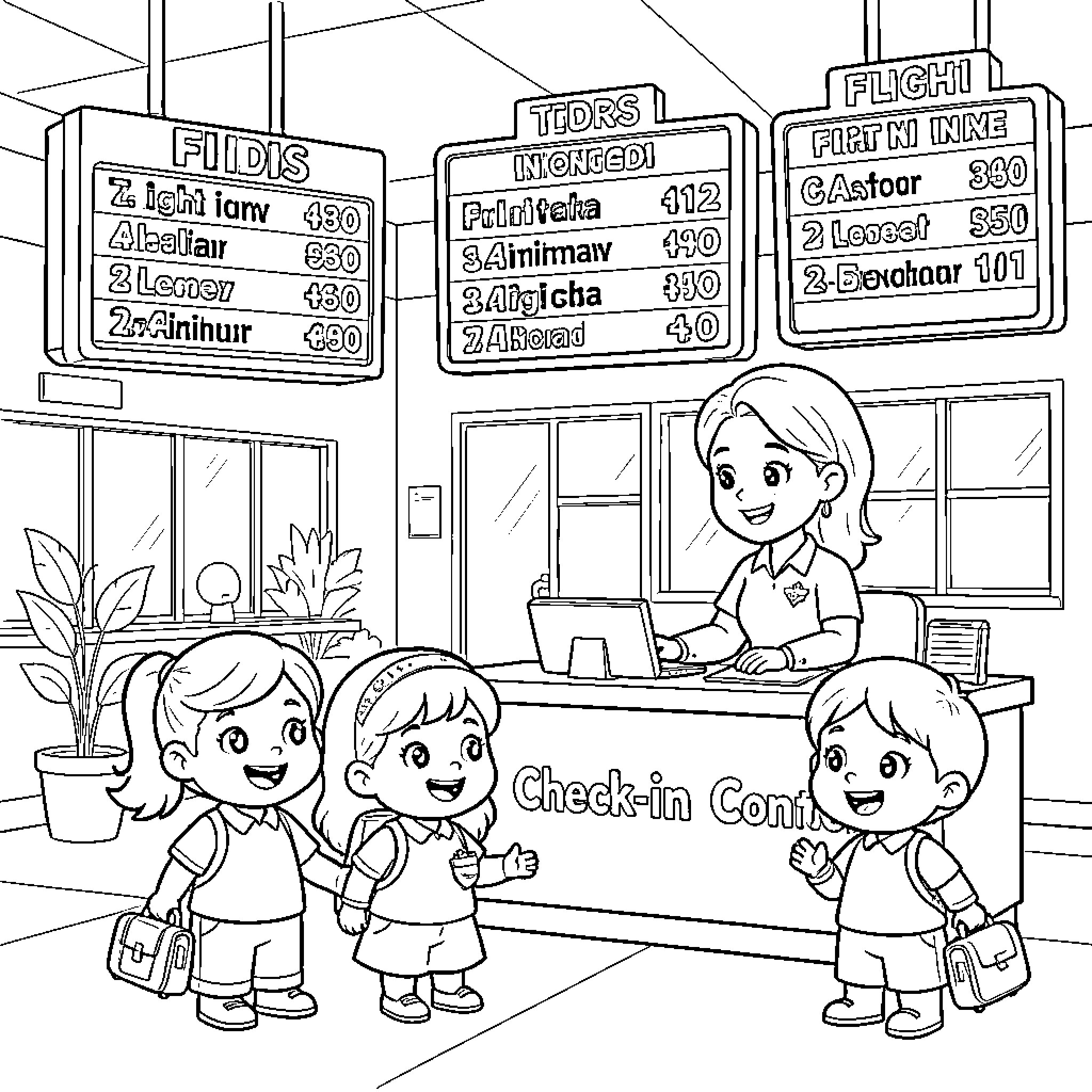 Family checking in at the airport terminal Coloring Page (free black-and-white line drawing printable PDF for all, from beginners to advanced learners, including children, teens, adults, and seniors)