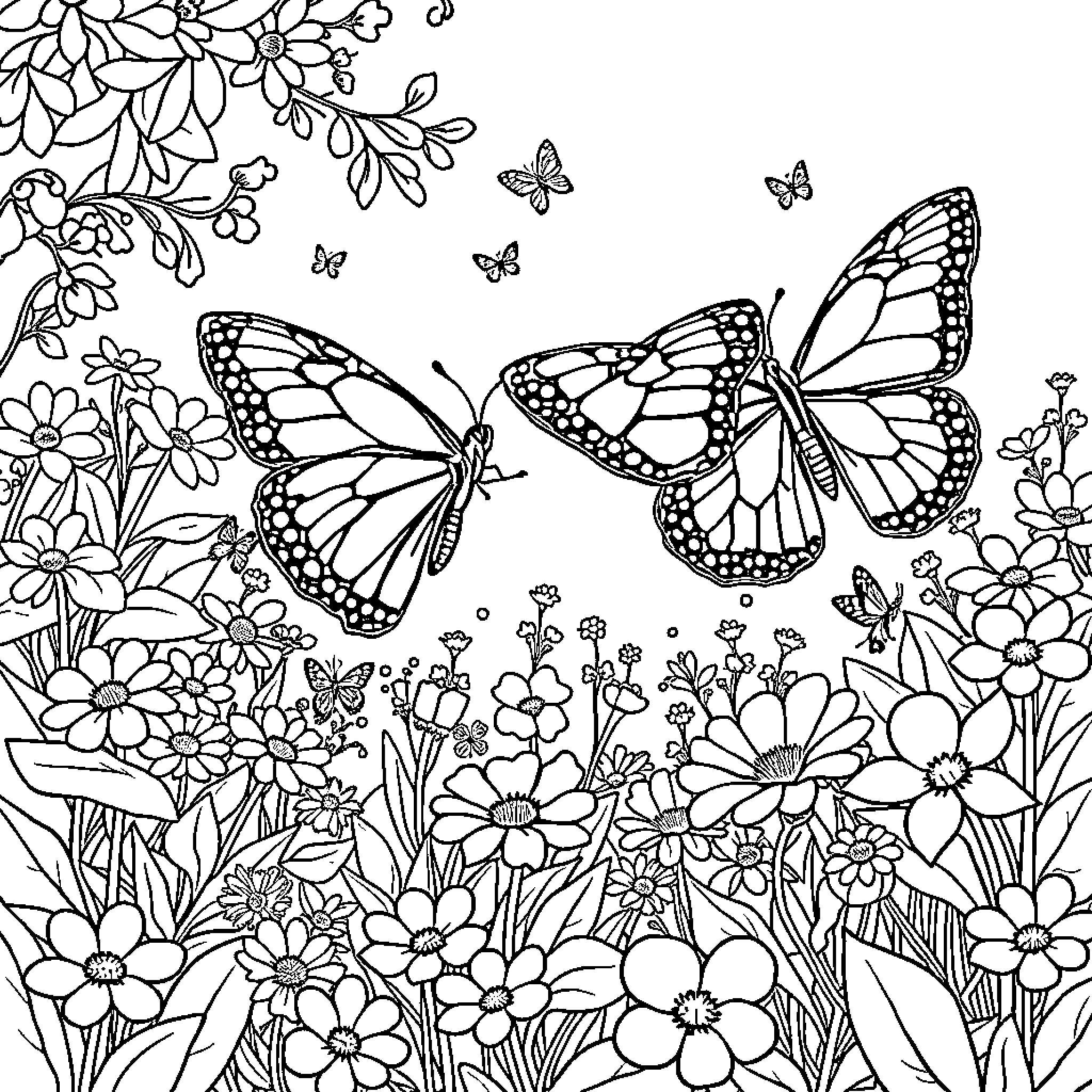 Butterfly Garden with Flowers and Butterflies Coloring Page (free black-and-white line drawing printable PDF for all, from beginners to advanced learners, including children, teens, adults, and seniors)